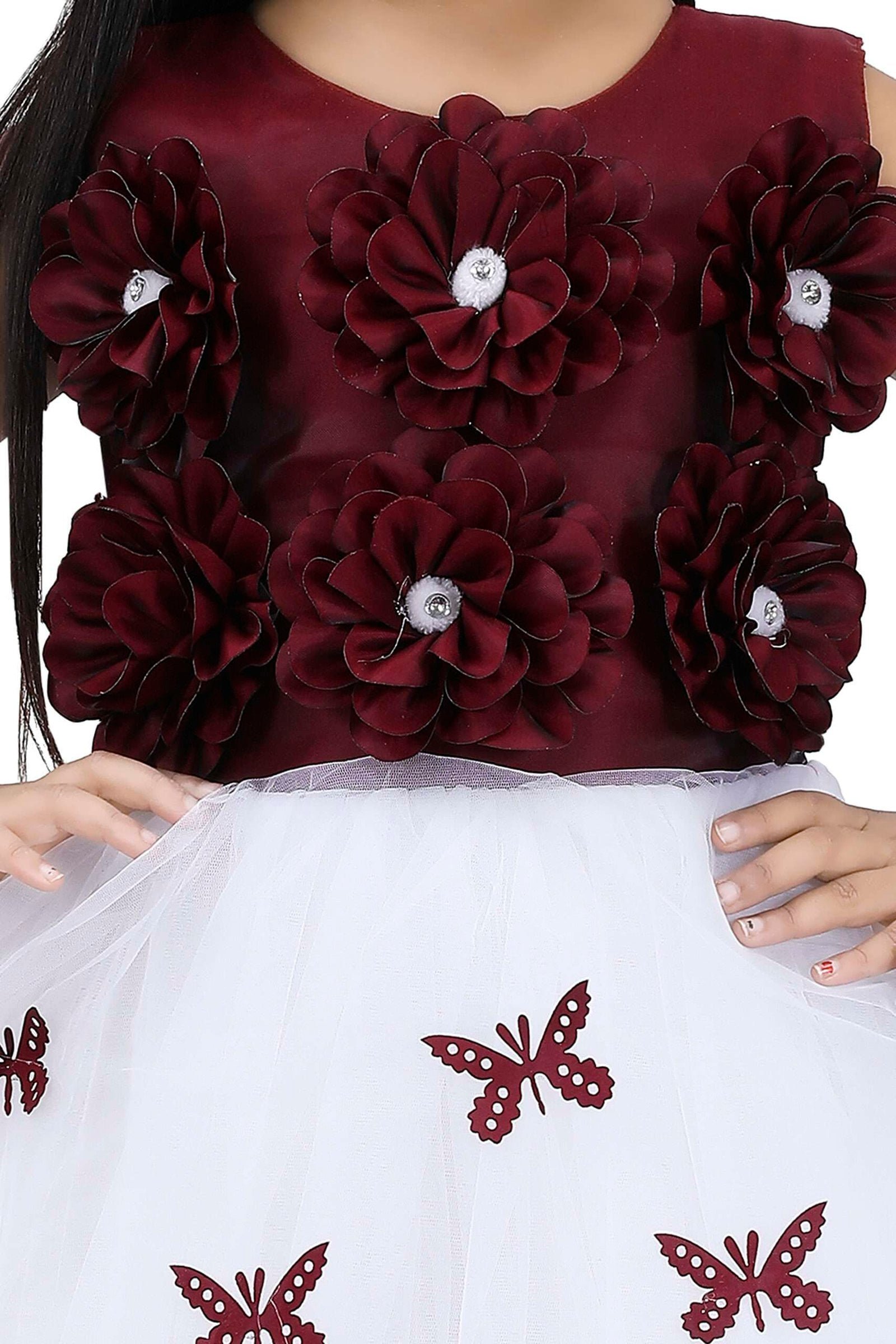 Lighting Dress Girls Red and White Long Net Frock Butterfly Design - Image 3