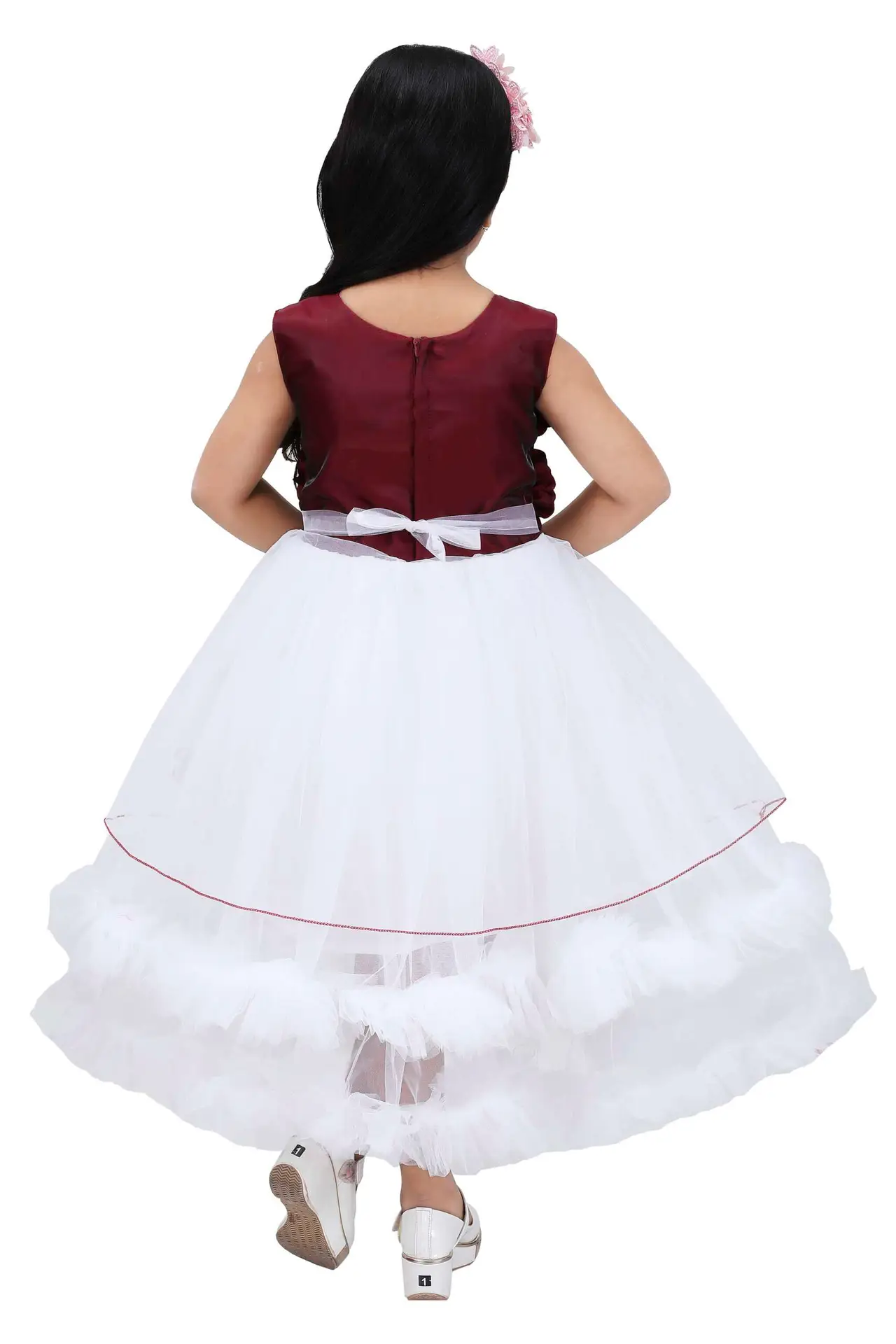 Lighting Dress Girls Red and White Long Net Frock Butterfly Design - Image 2