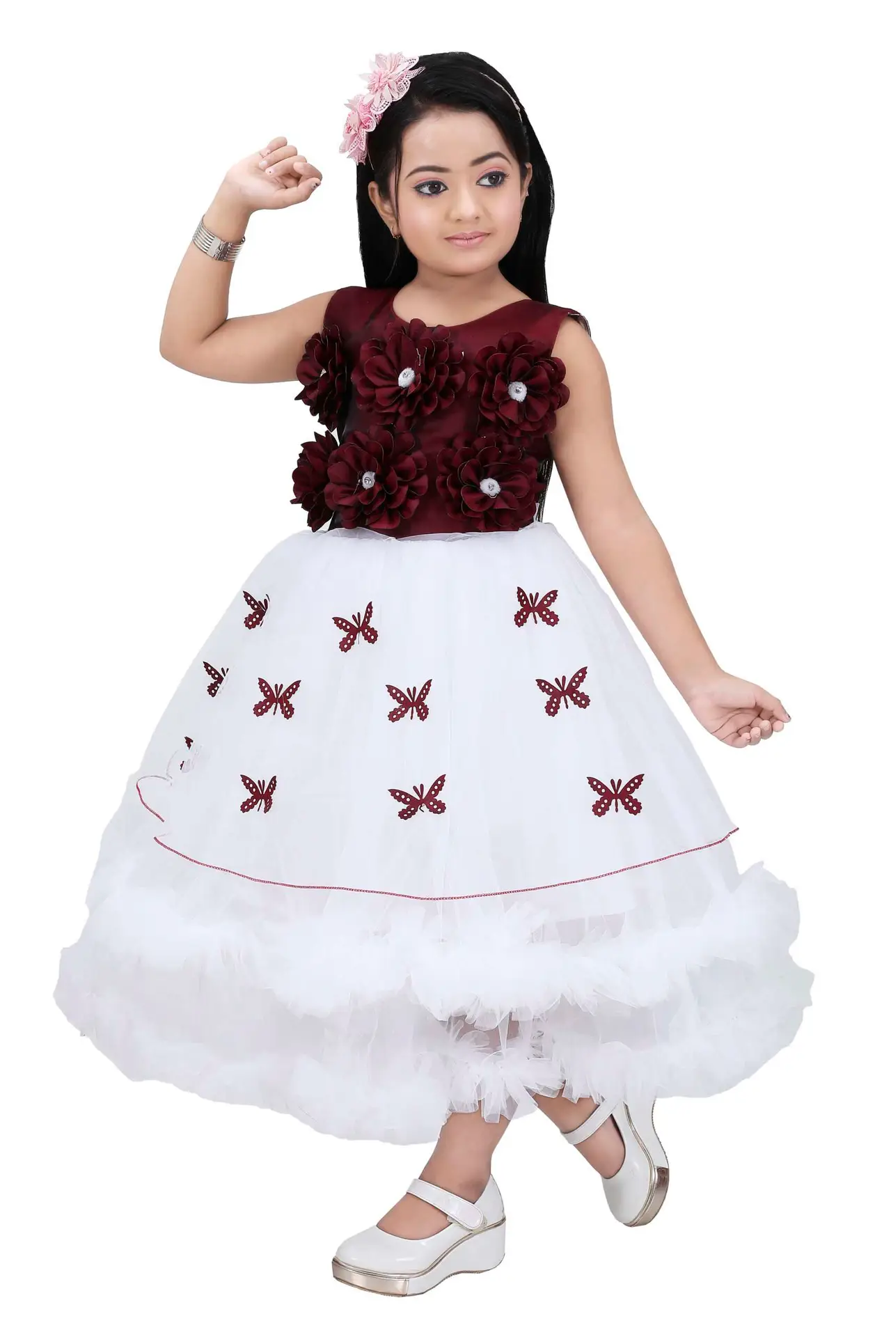 Lighting Dress Girls Red and White Long Net Frock Butterfly Design - Image 4