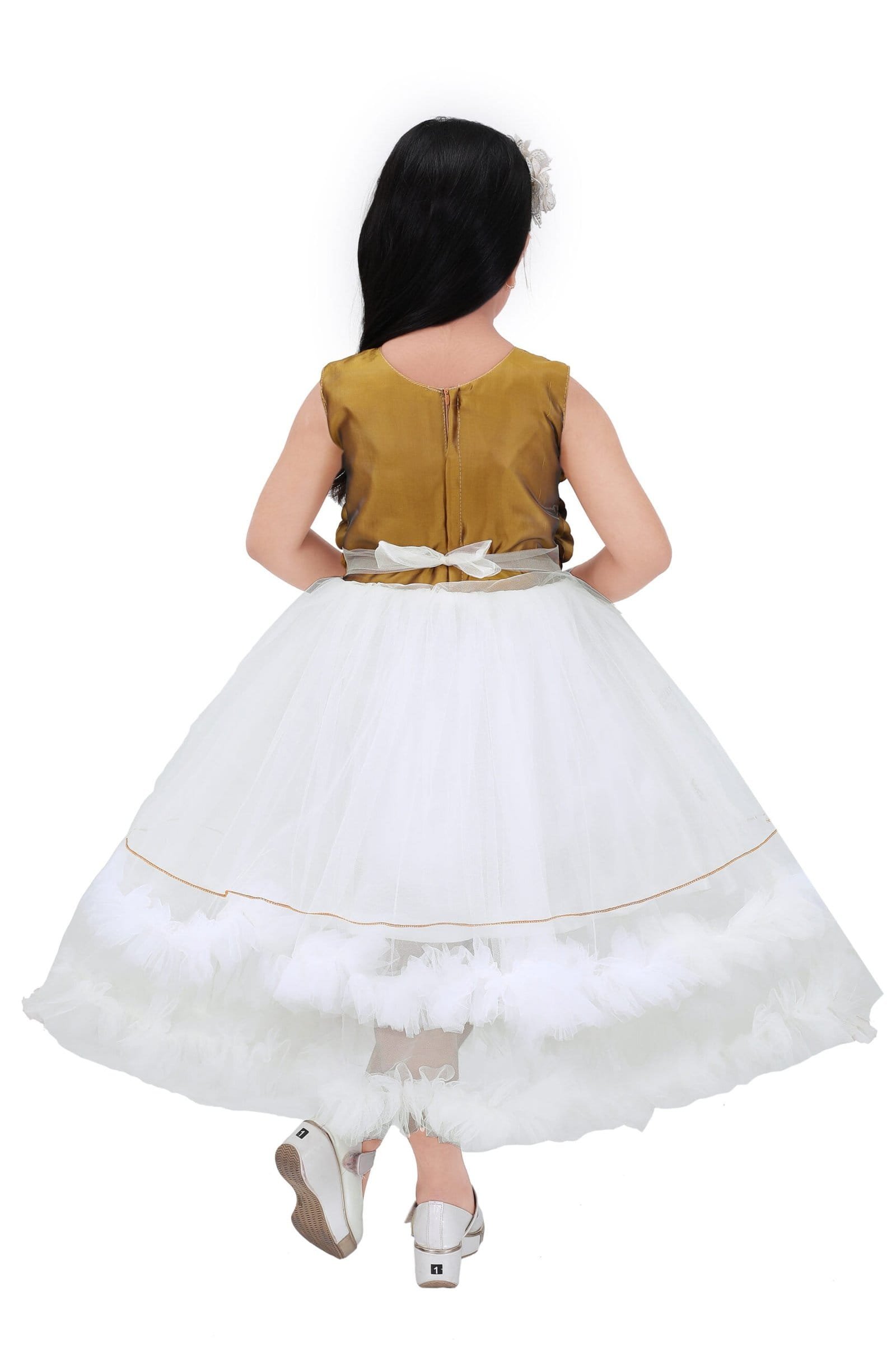 Lighting Dress Net Long Frock for Girls - Gold Color - Image 3