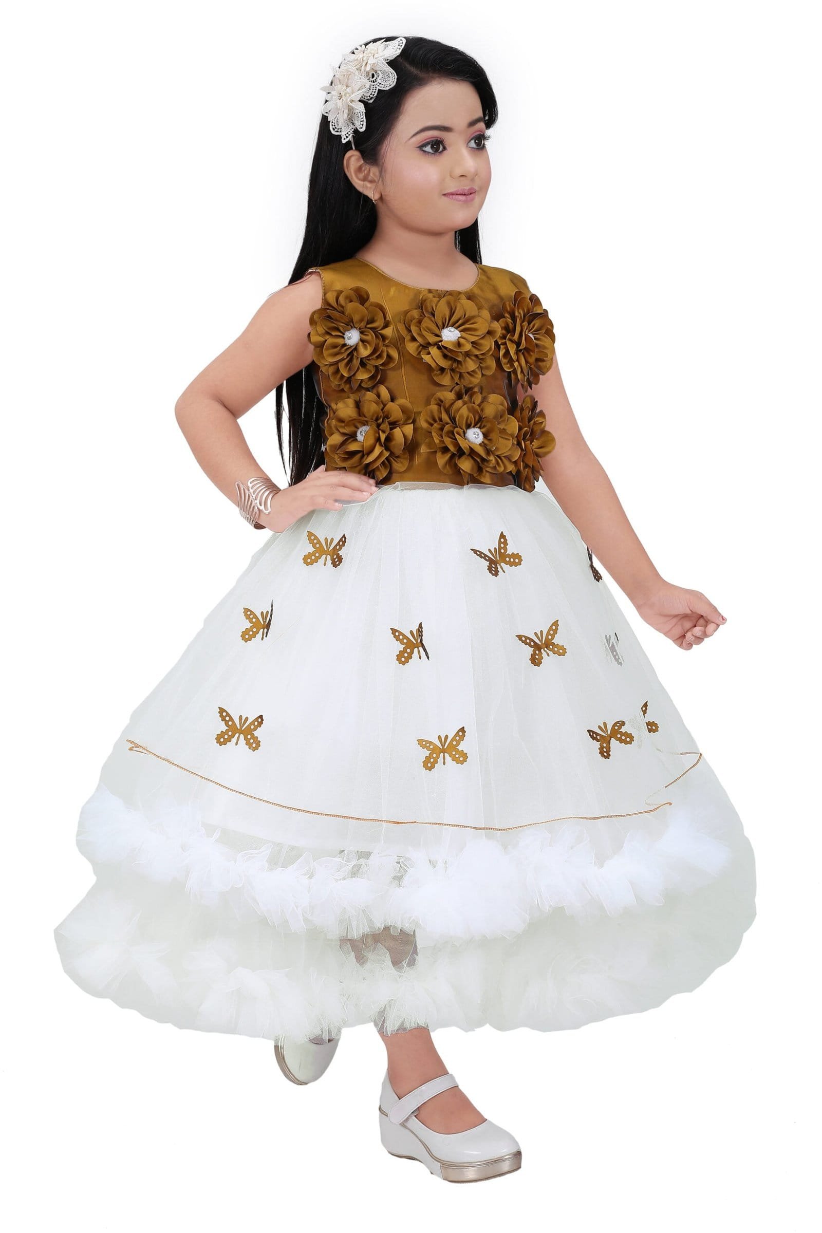 Lighting Dress Net Long Frock for Girls - Gold Color - Image 2