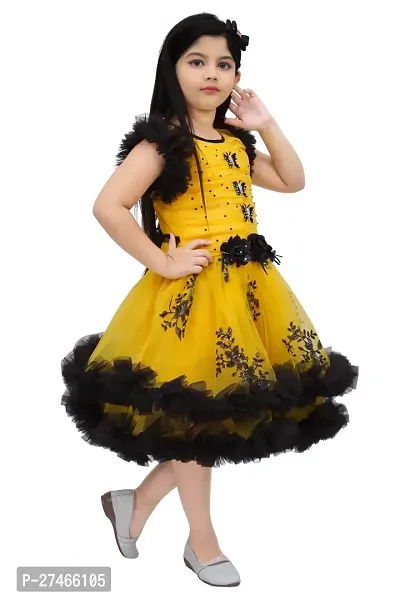 Girls Yellow and Black Embellished Net Party Wear Frock - Image 3
