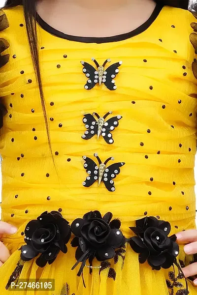 Girls Yellow and Black Embellished Net Party Wear Frock - Image 4