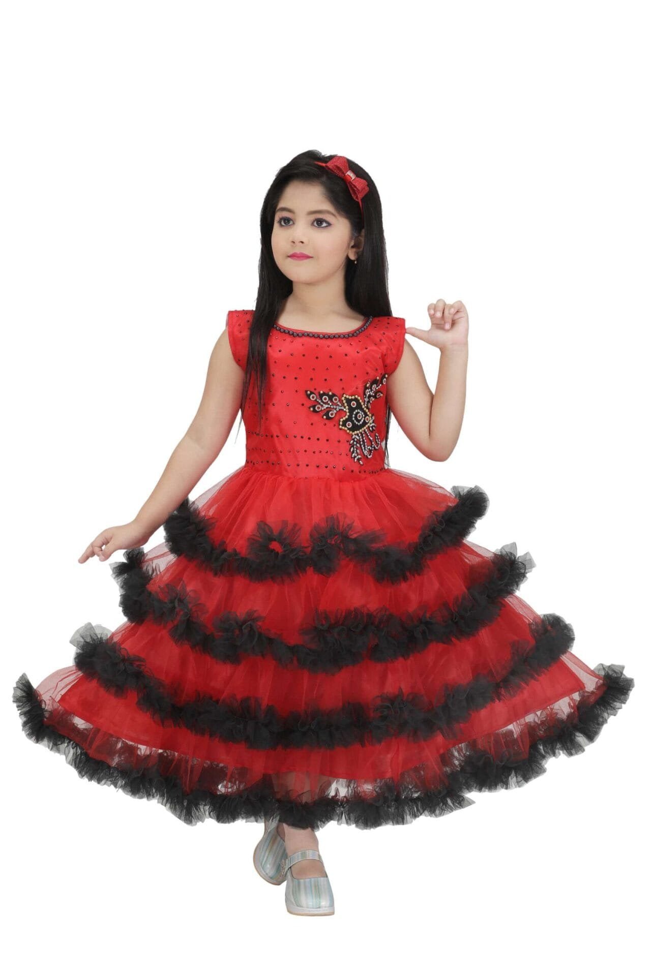 Girls Red Net Frock Gown Sleeveless Long Dress - Image 4