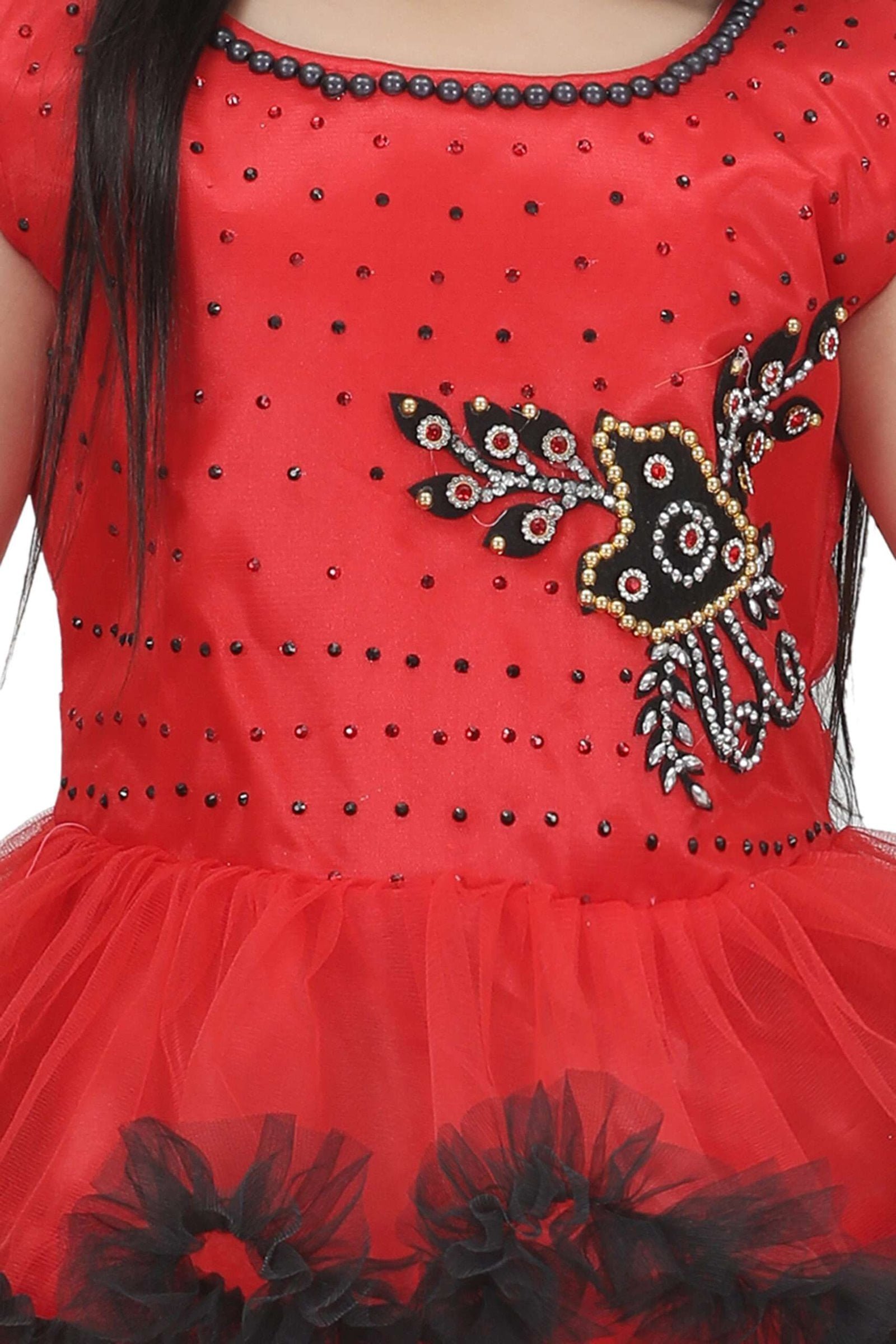 Girls Red Net Frock Gown Sleeveless Long Dress - Image 3