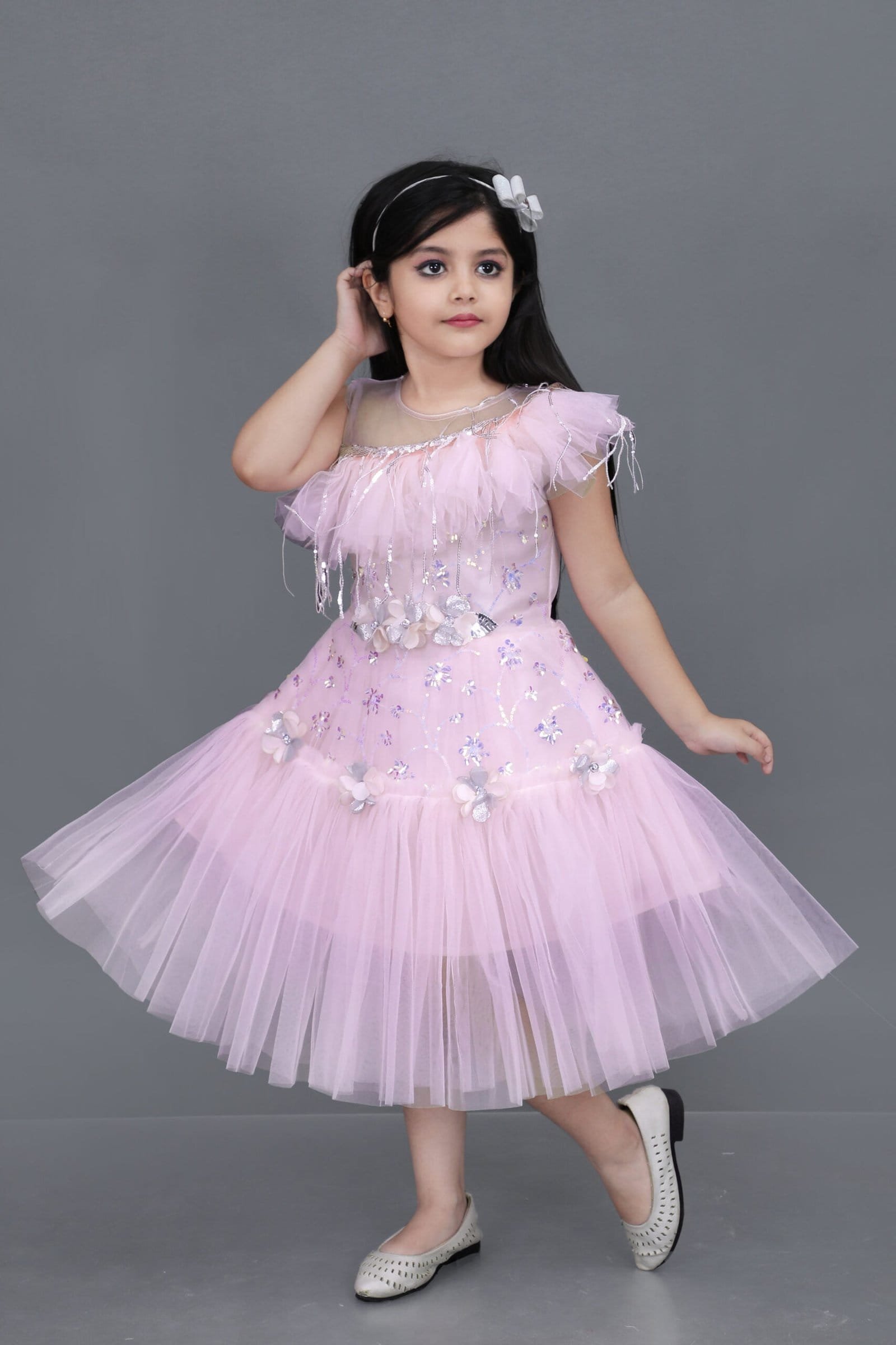 Girls Net Frock for Kids Dress Gowns - Pink Color - Image 3