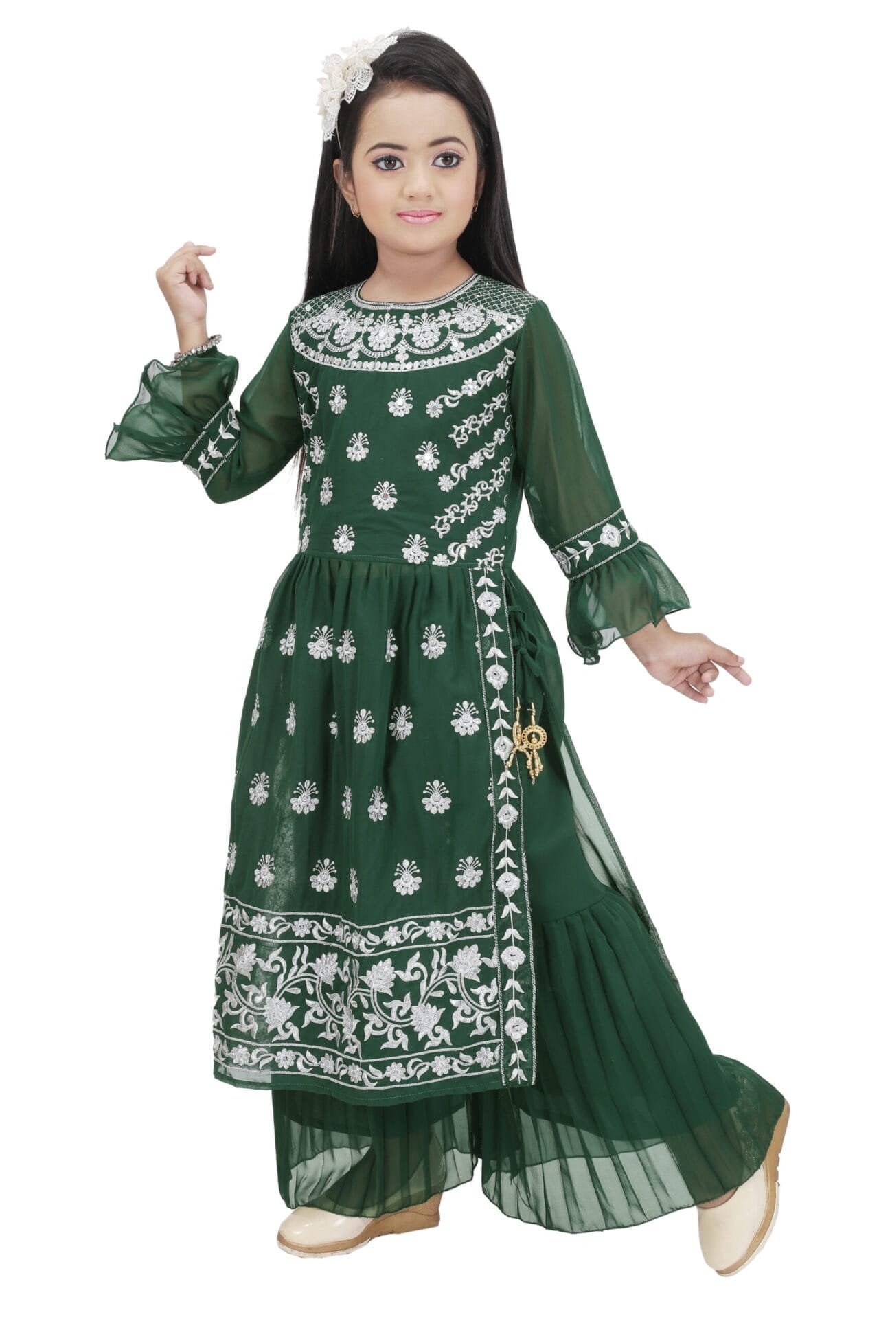 Girls Green Nayra Suit with Embroidery and Stone Handwork - Image 3