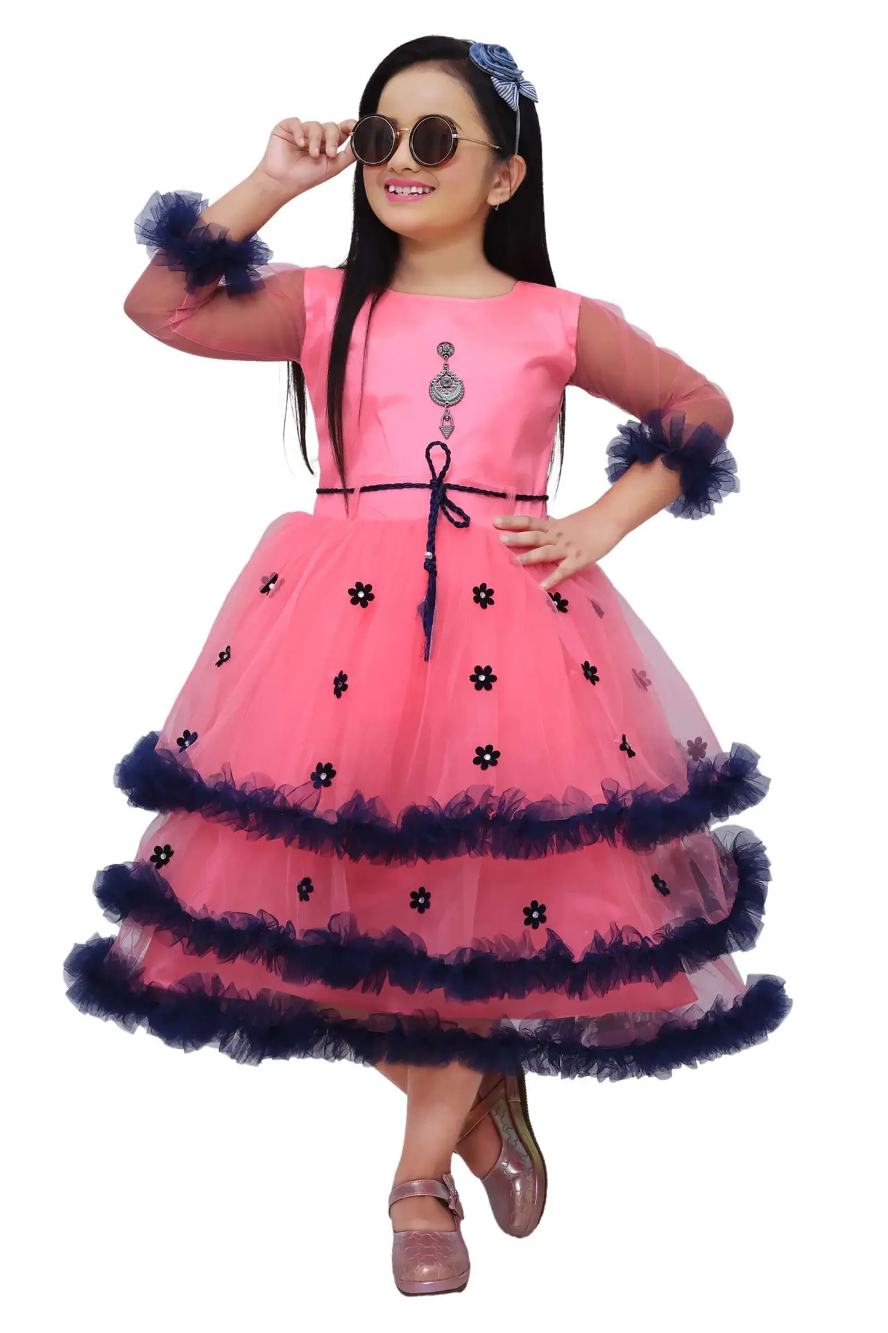 Girls' Red Net Frock Gown with Denim Jacket - Party Wear - Image 5