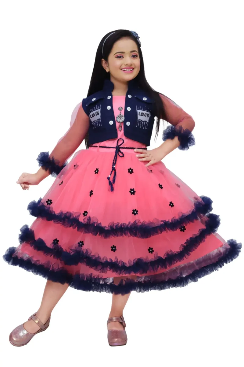 Girls' Red Net Frock Gown with Denim Jacket - Party Wear Girls’ Red Net Frock Gown with Denim Jacket – Party Wear | Shop X Now