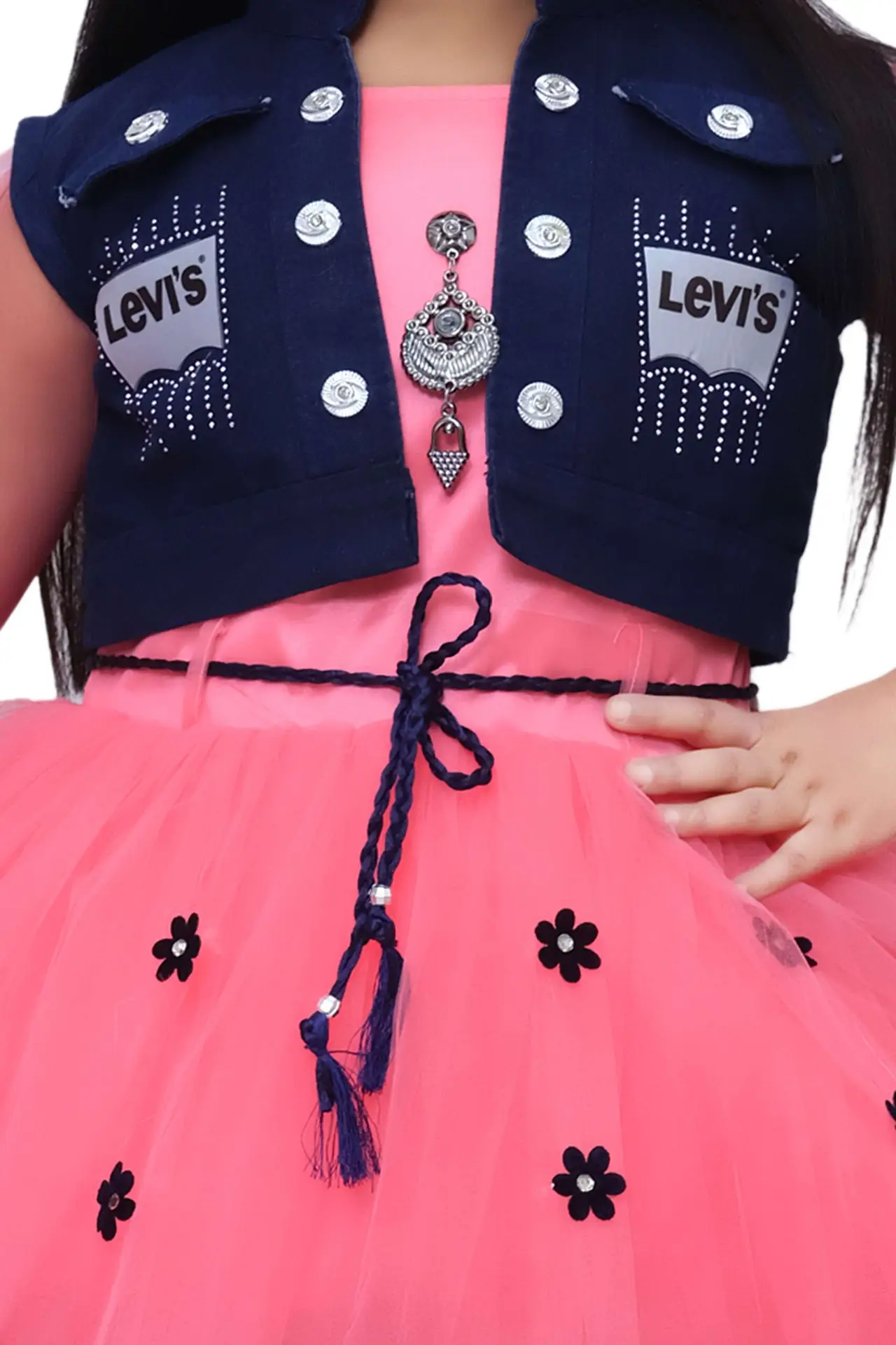 Girls' Red Net Frock Gown with Denim Jacket - Party Wear - Image 4