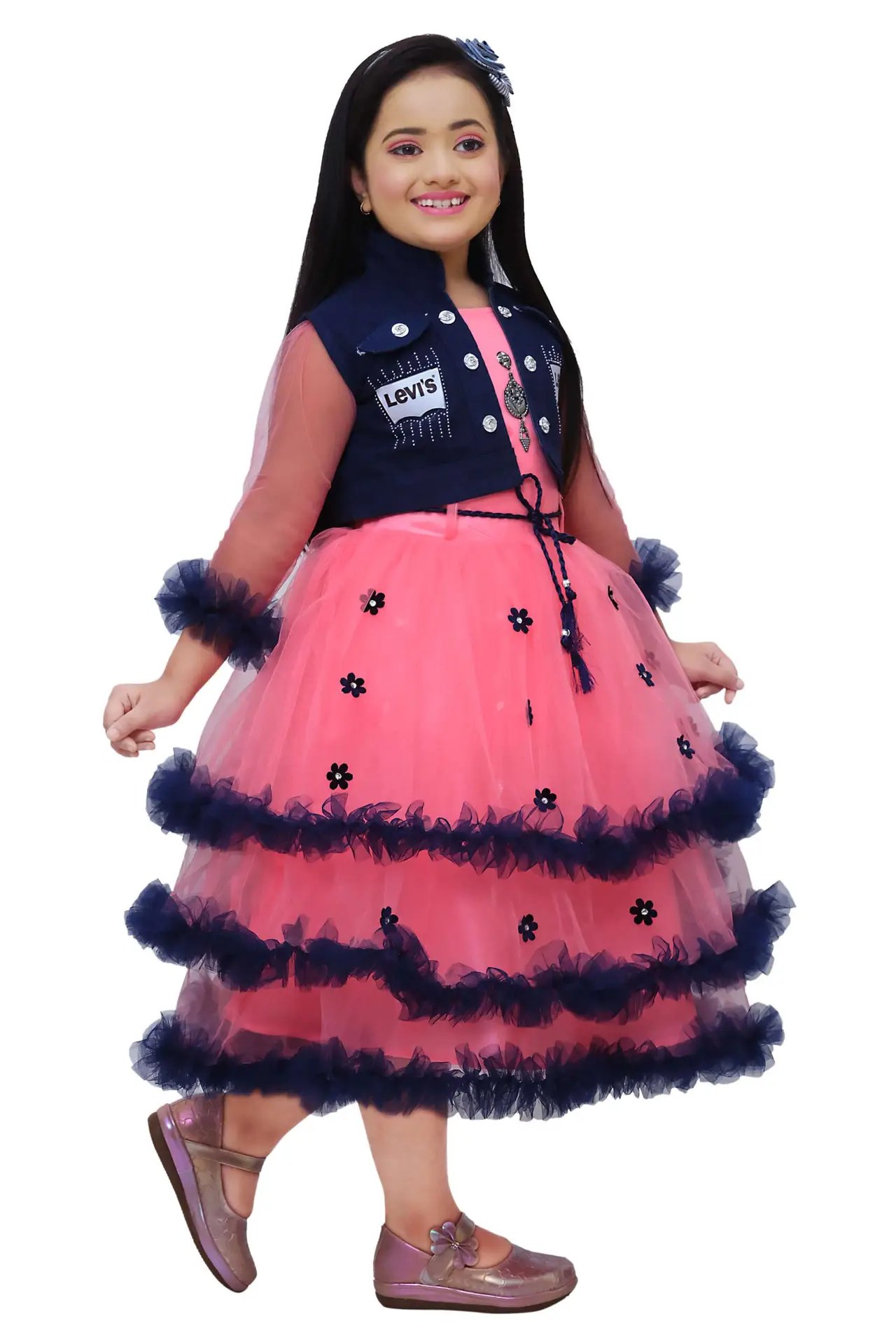 Girls' Red Net Frock Gown with Denim Jacket - Party Wear - Image 3