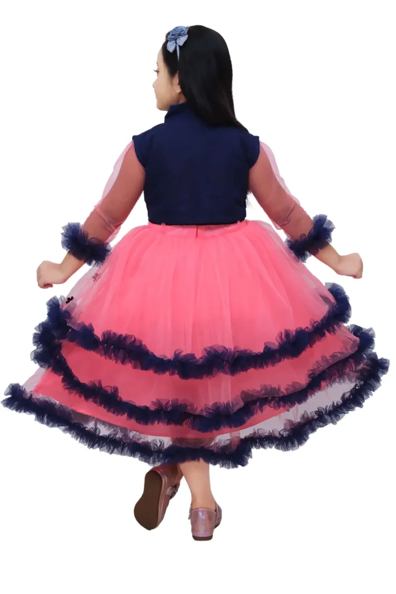 Alternative view of Girls' Red Net Frock Gown with Denim Jacket - Party Wear | Shop X Now