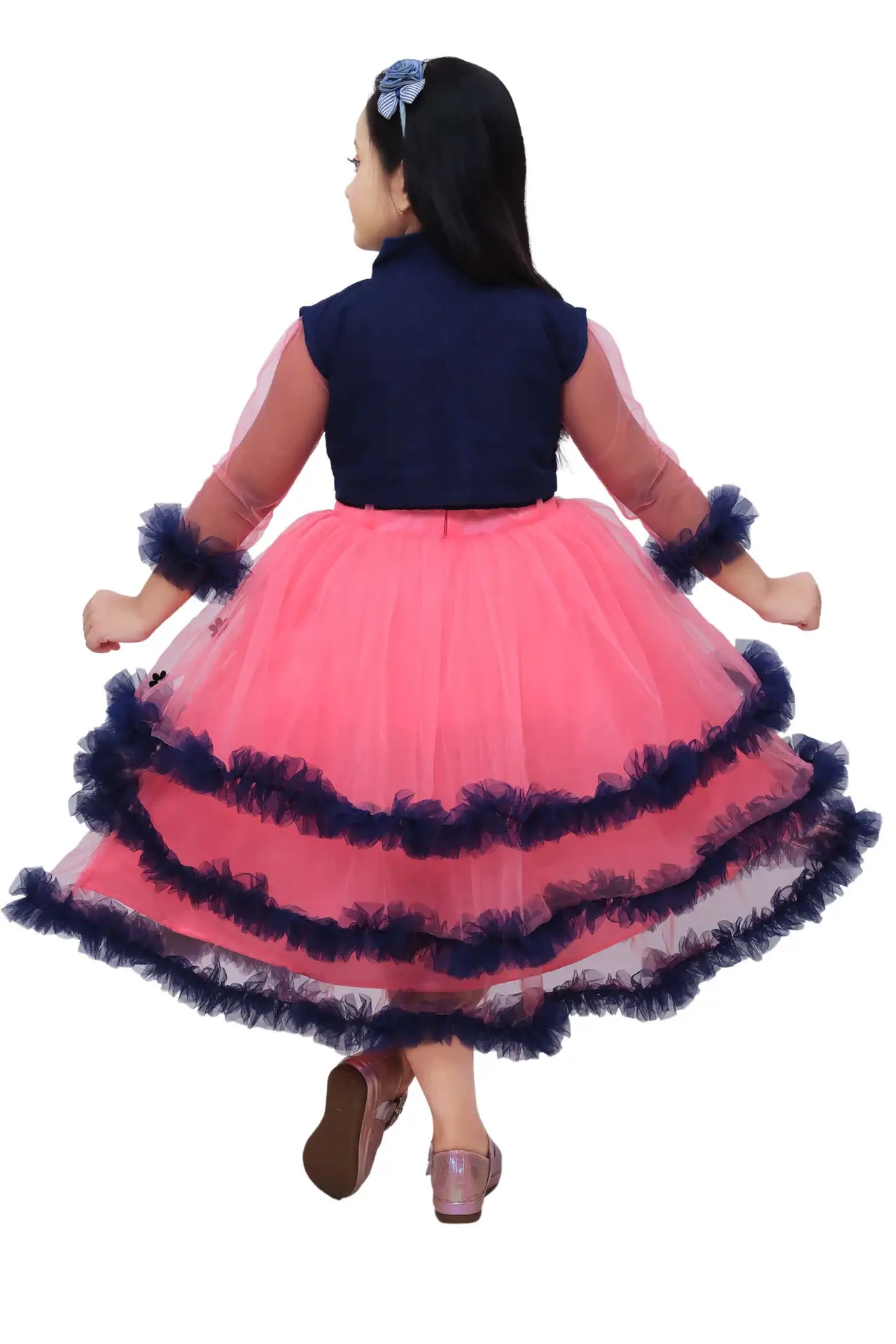 Girls' Red Net Frock Gown with Denim Jacket - Party Wear - Image 2