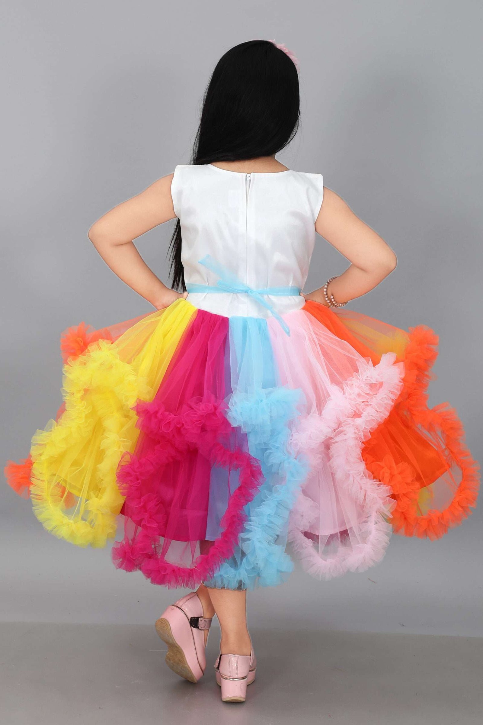 Girls' Long Multicolor Net Frock - Unicorn Print - Image 2