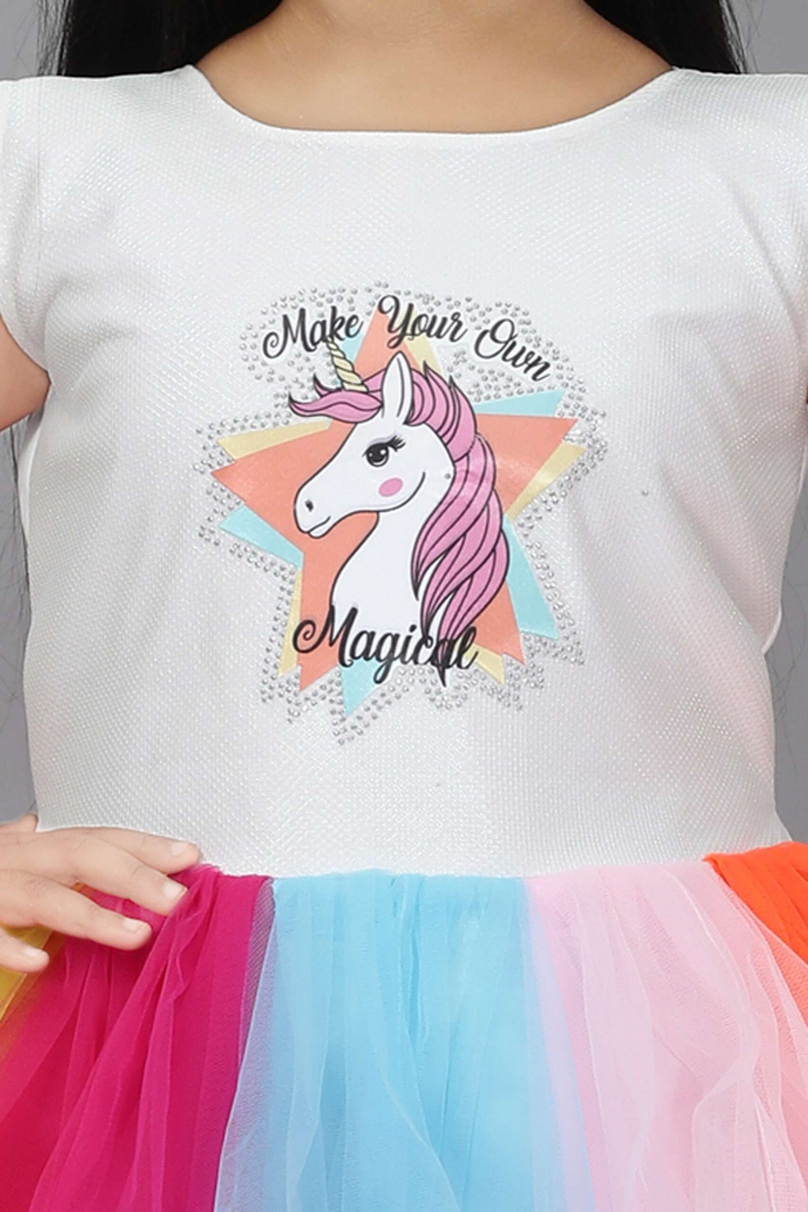 Girls' Long Multicolor Net Frock - Unicorn Print - Image 3