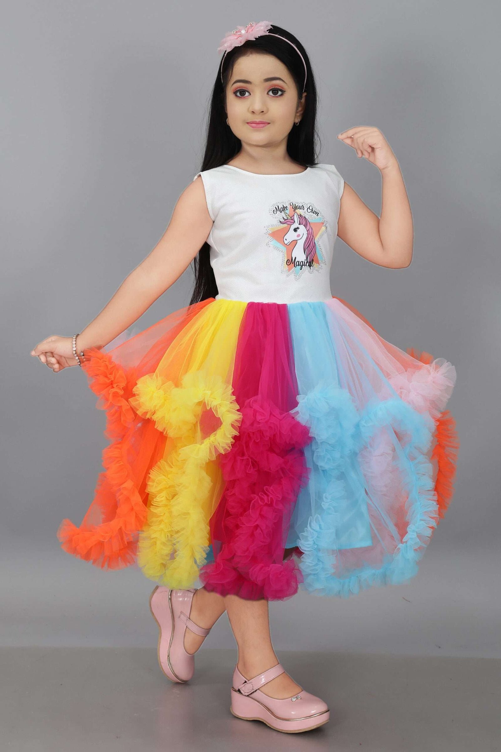 Girls' Long Multicolor Net Frock - Unicorn Print - Image 4