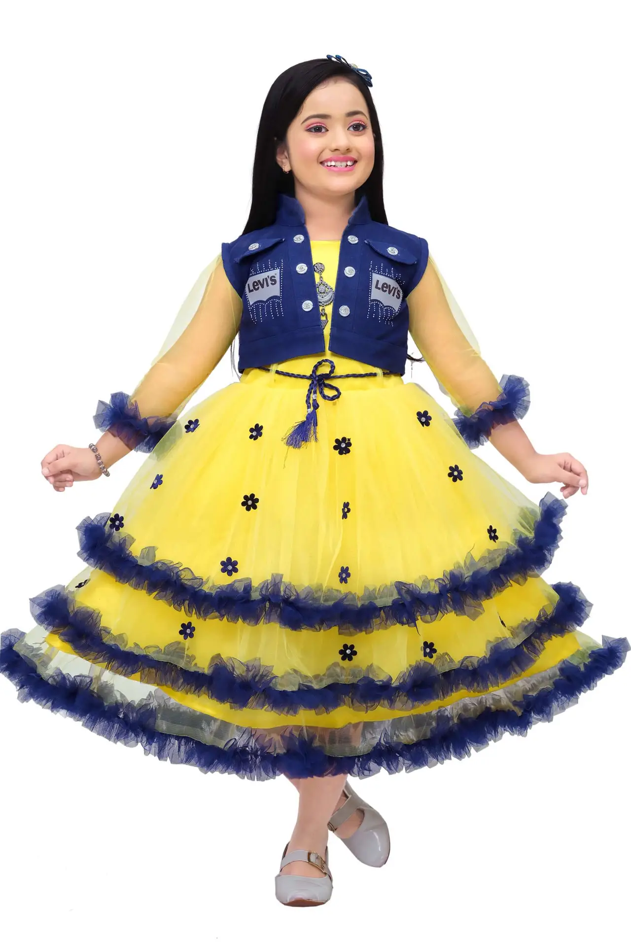 Girls’ Gold Net Frock Gown with Denim Jacket – Party Wear