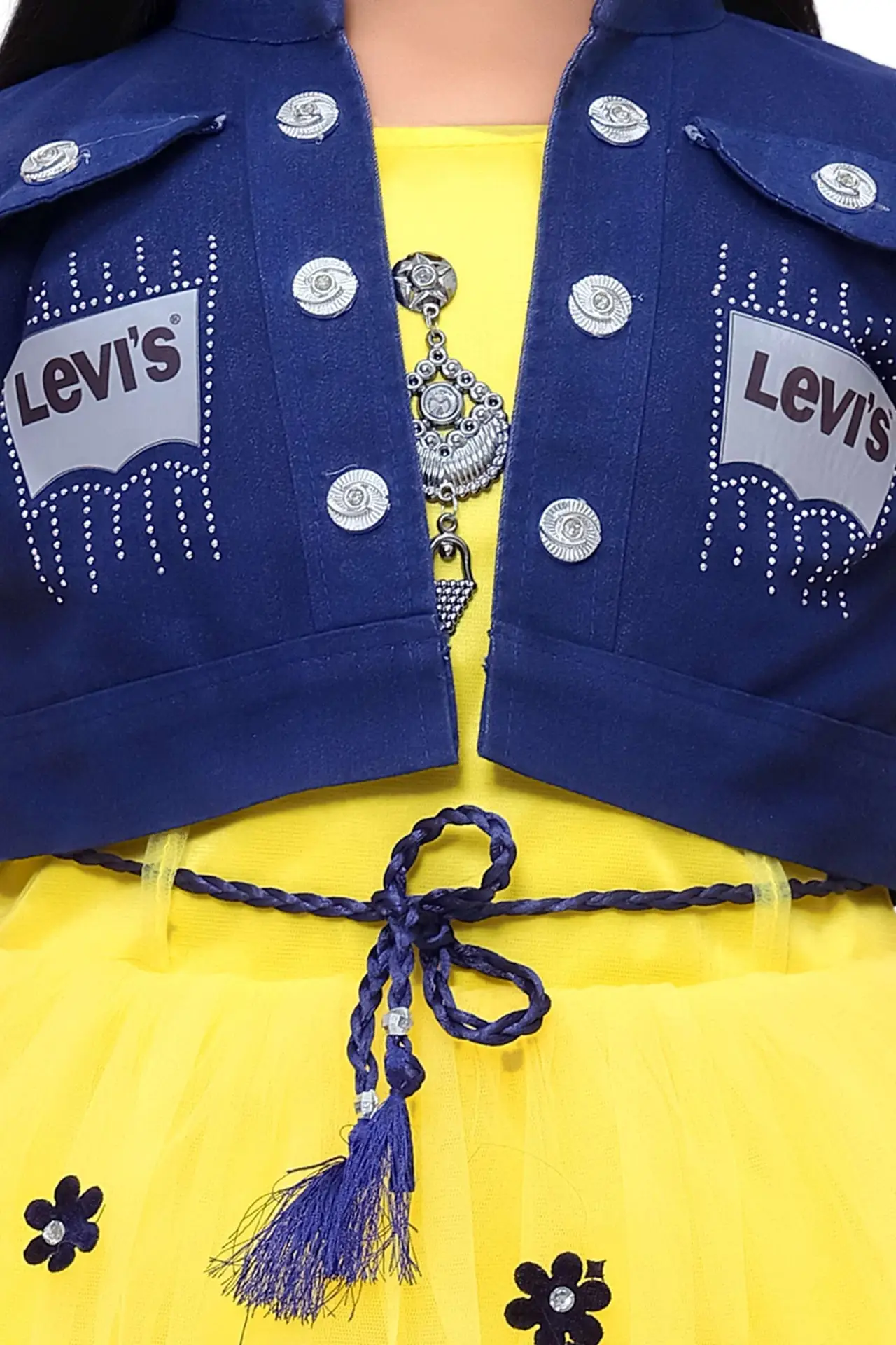 Girls' Gold Net Frock Gown with Denim Jacket - Party Wear - Image 4