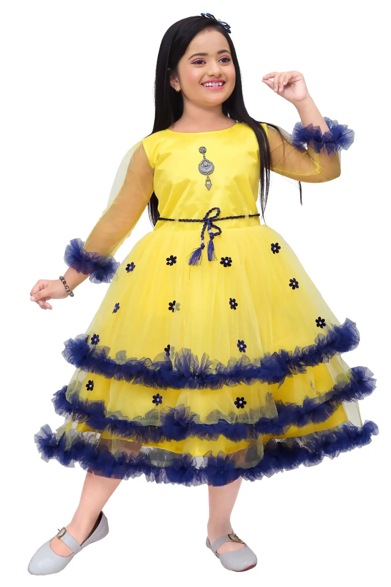 Girls' Gold Net Frock Gown with Denim Jacket - Party Wear - Image 3