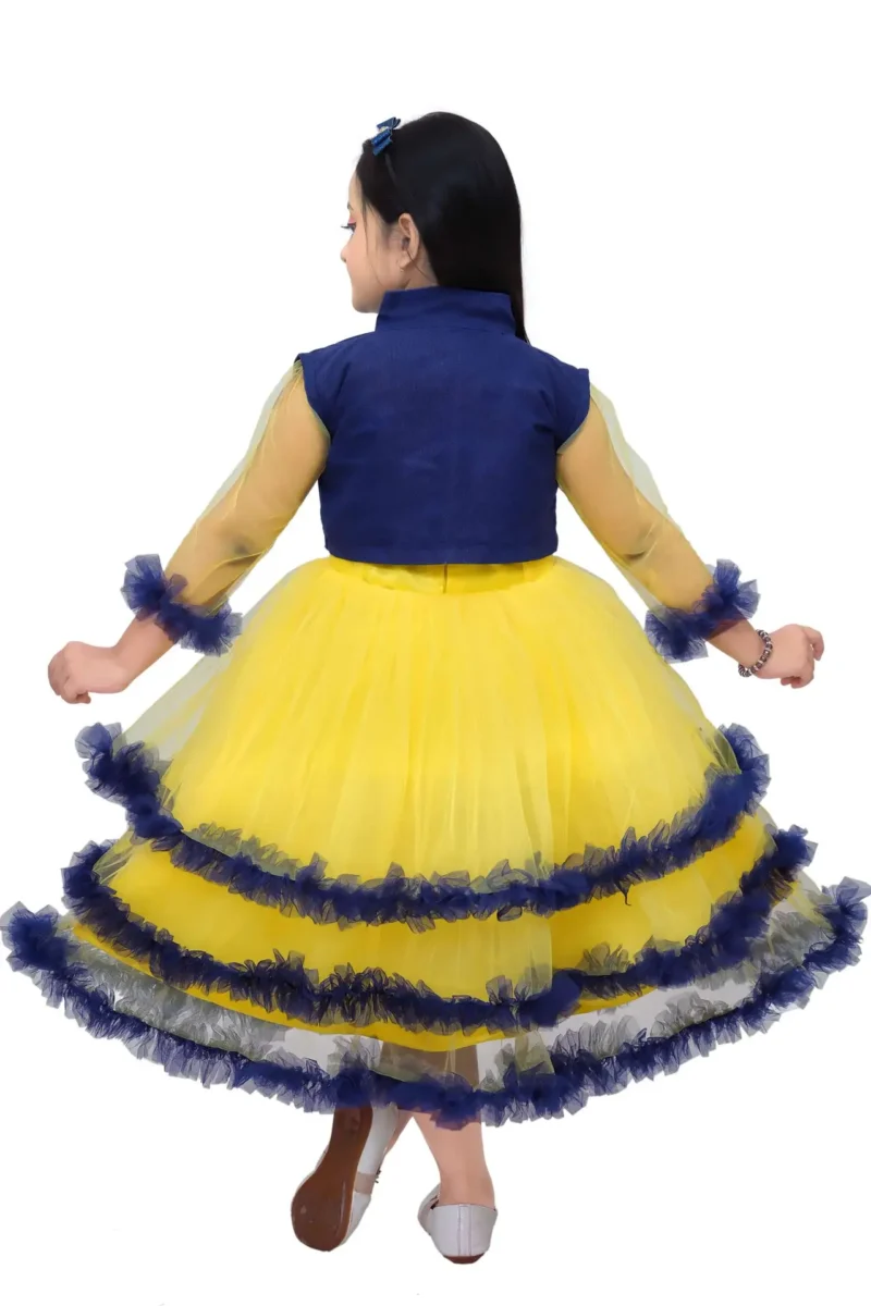 Alternative view of Girls' Gold Net Frock Gown with Denim Jacket - Party Wear