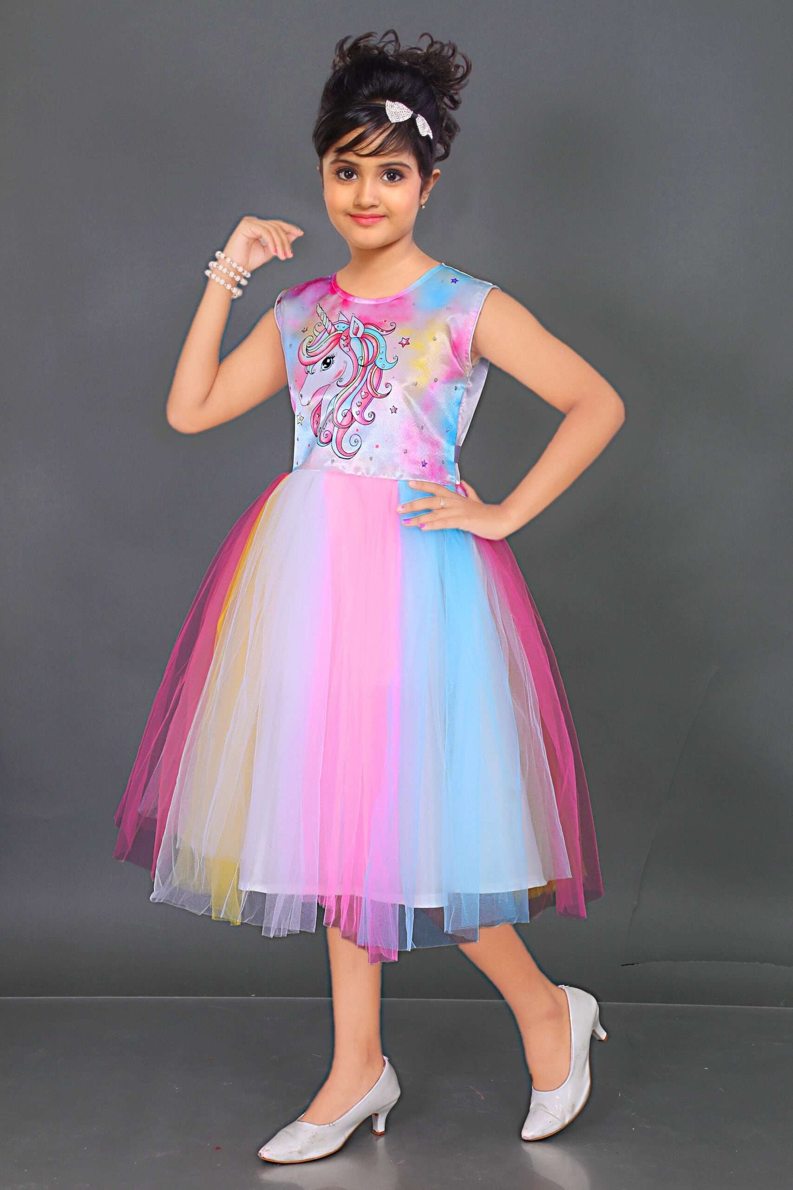 Lighting dress Girls Multicolor Net Frock Unicorn Print - Image 3