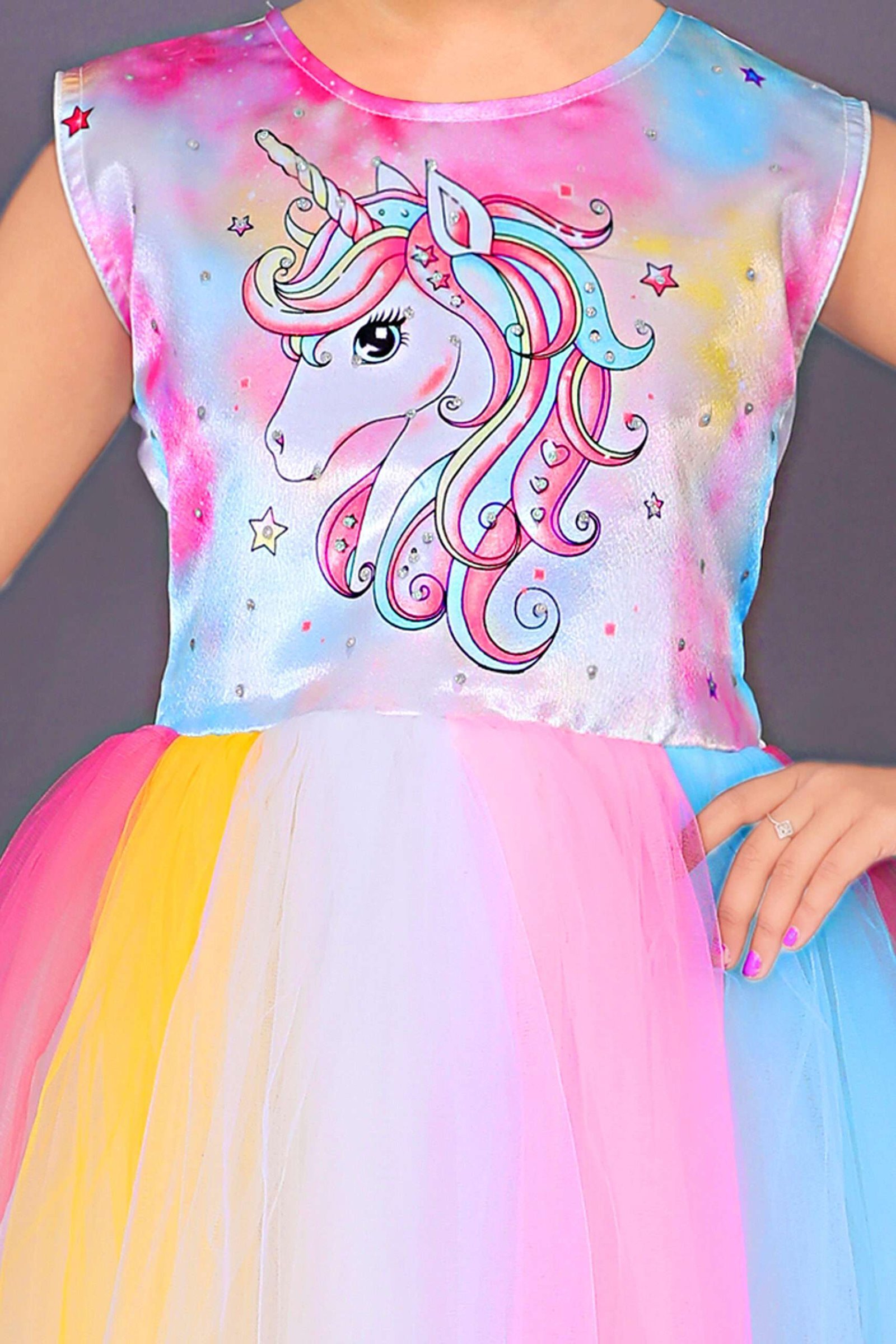 Lighting dress Girls Multicolor Net Frock Unicorn Print - Image 4