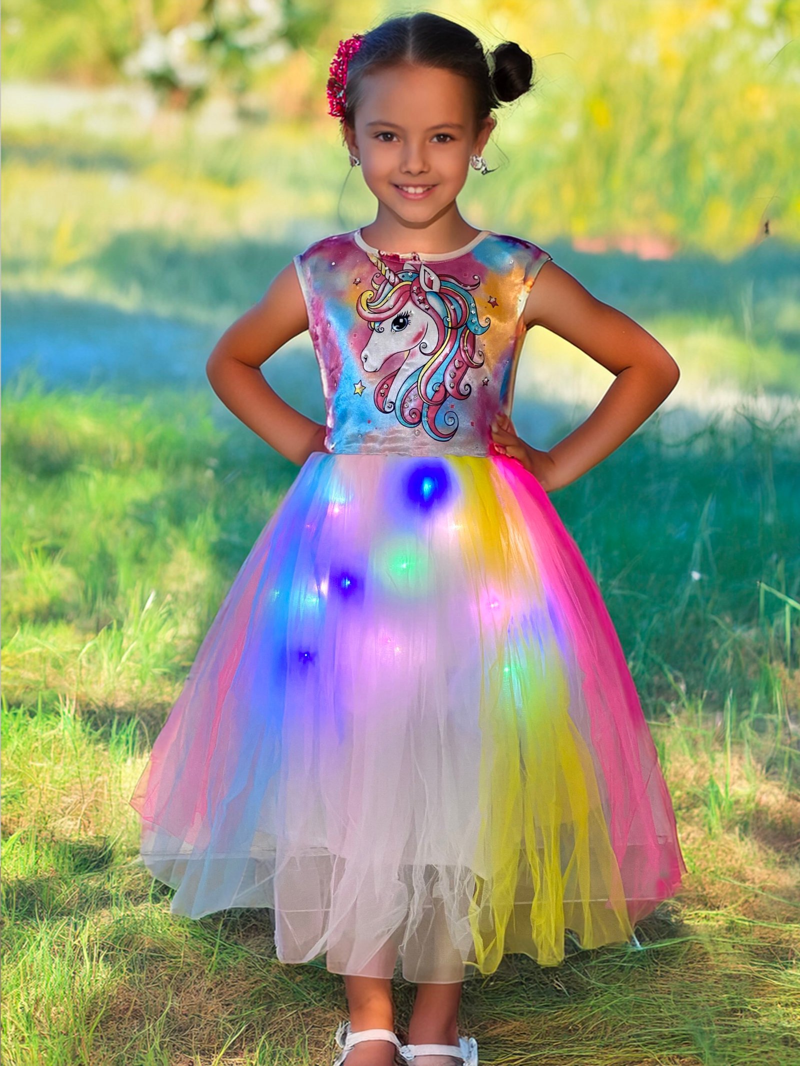 Lighting dress Girls Multicolor Net Frock Unicorn Print