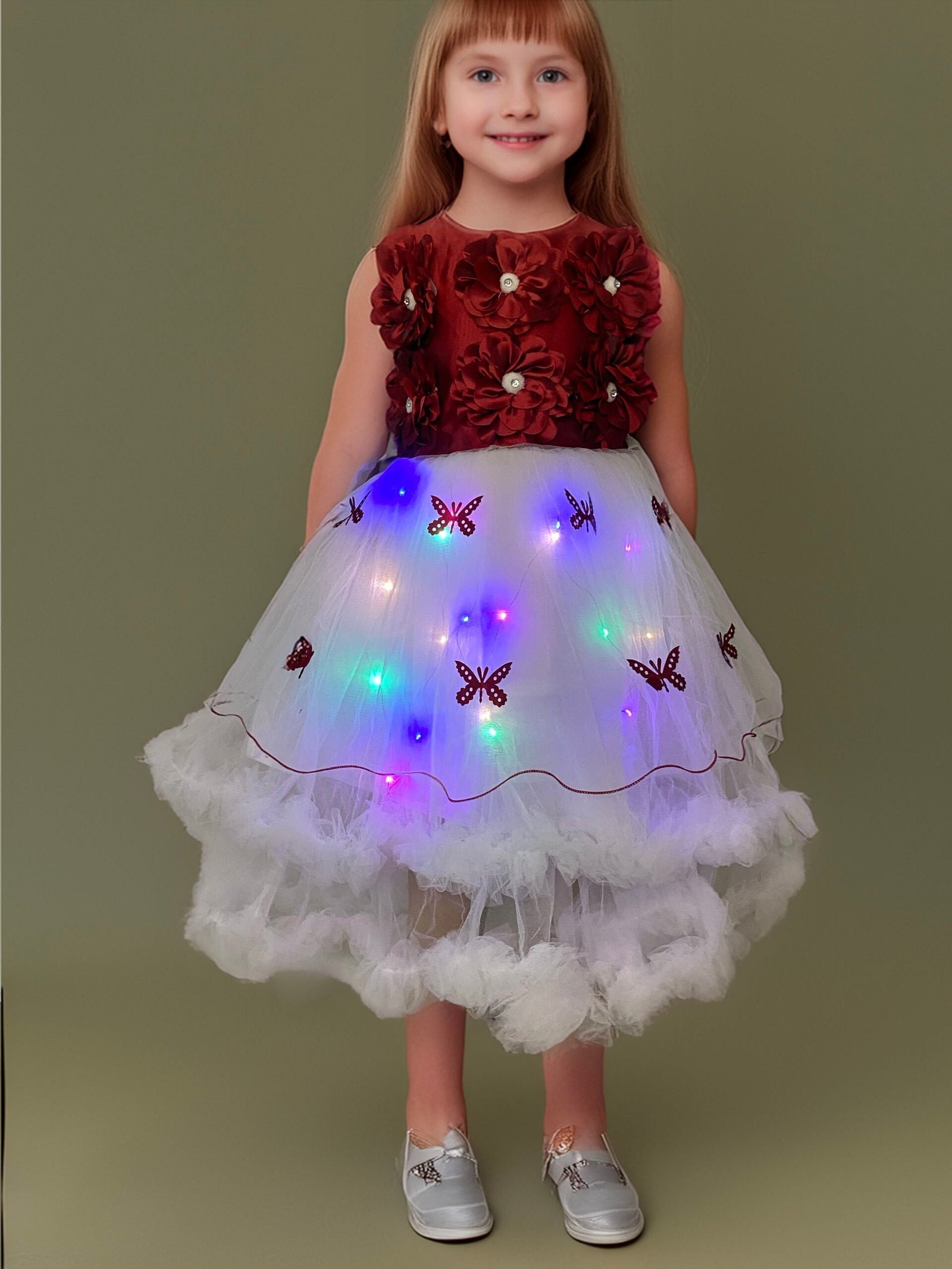 Lighting Dress Girls Red and White Long Net Frock Butterfly Design - Image 5