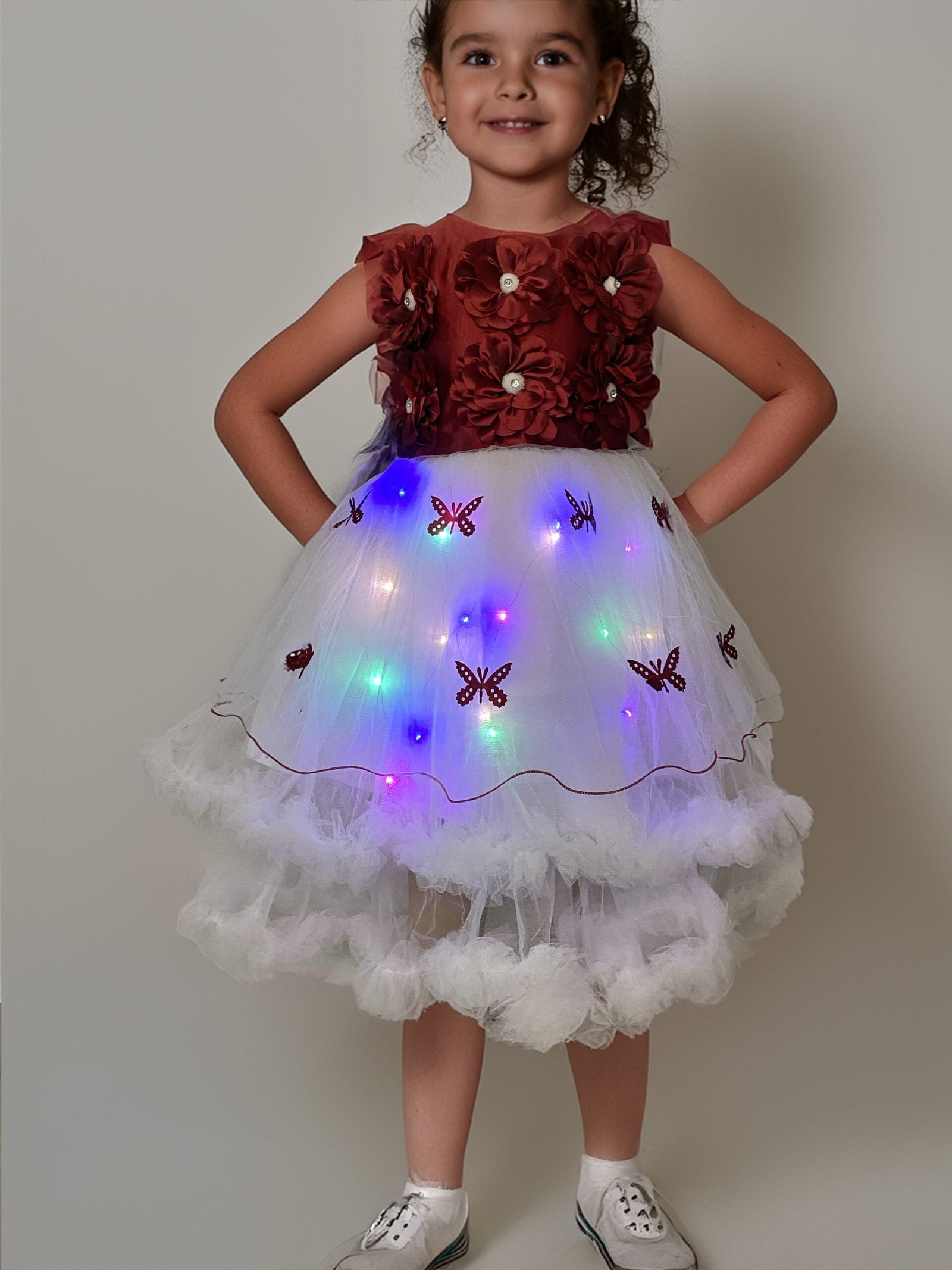 Lighting Dress Girls Red and White Long Net Frock Butterfly Design