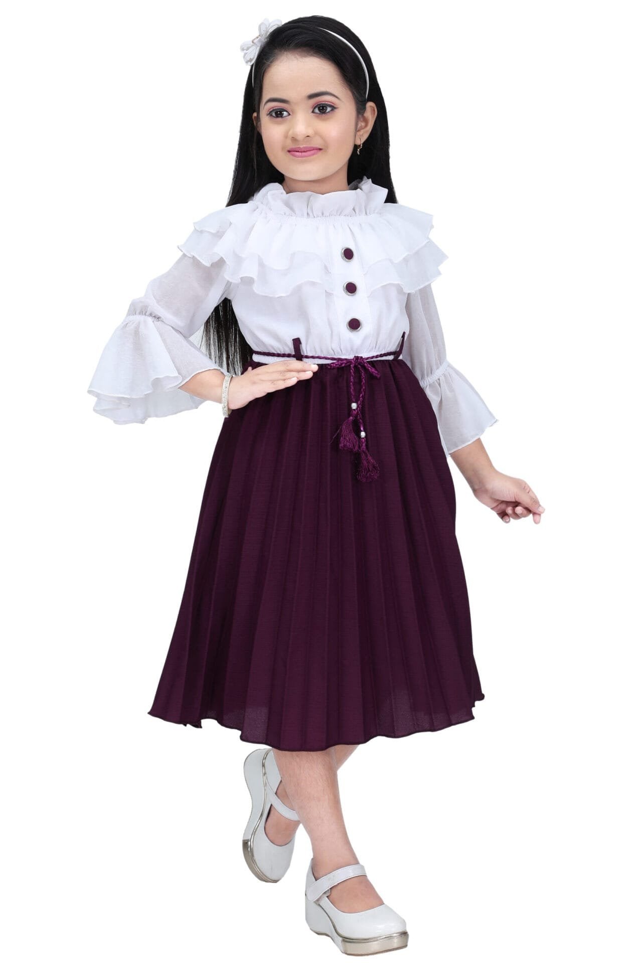 Girls Maroon and White Western Style Party Dress - Image 3