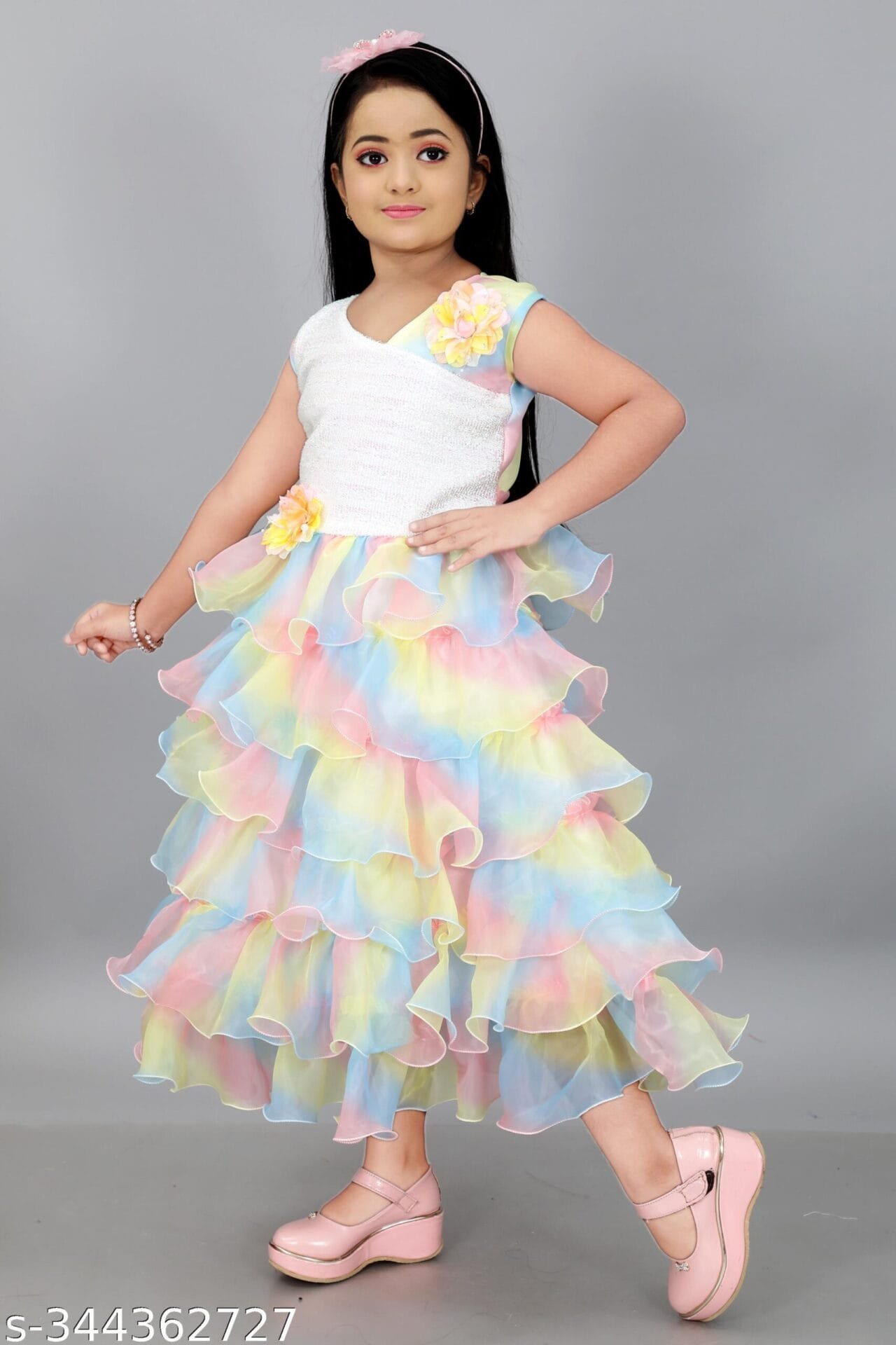 Girls Light Multicolor Party Wear Gown Frock - Image 3