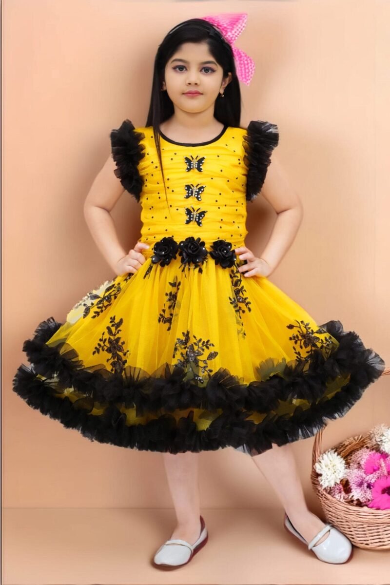 Girls Yellow and Black Embellished Net Party Wear Frock