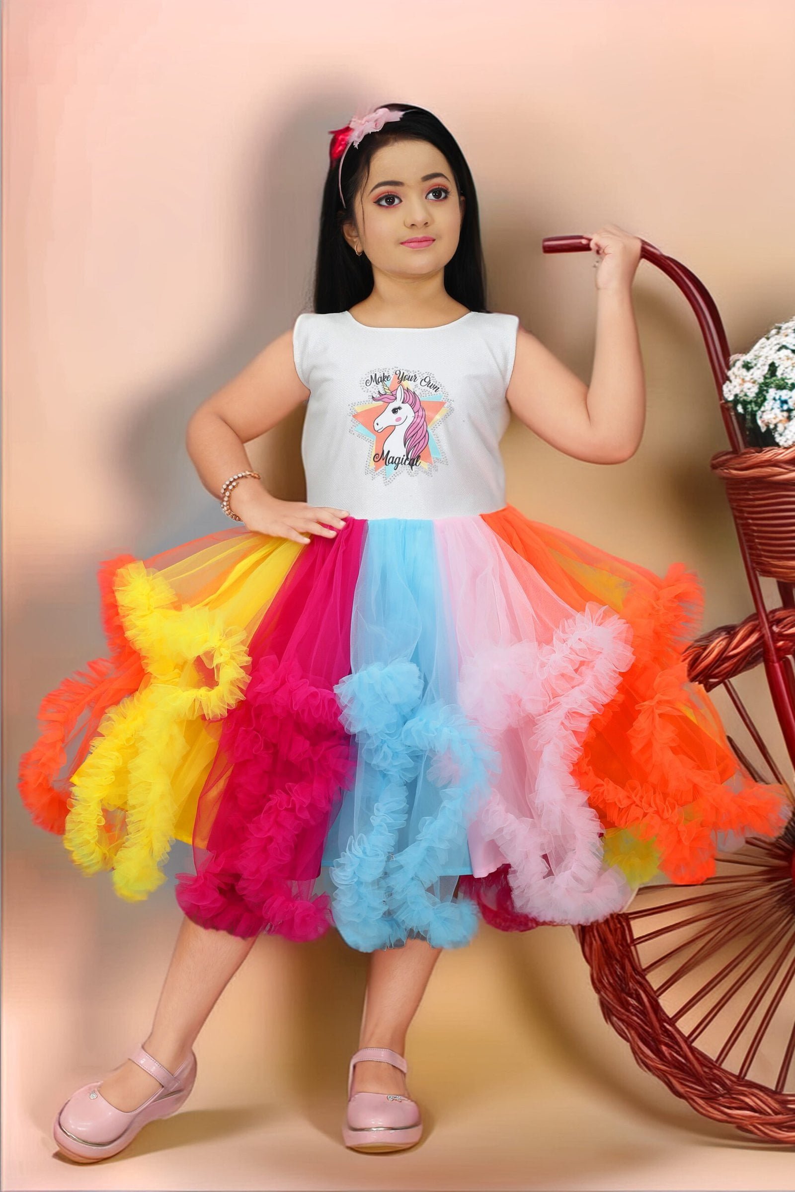 Girls’ Long Multicolor Net Frock – Unicorn Print