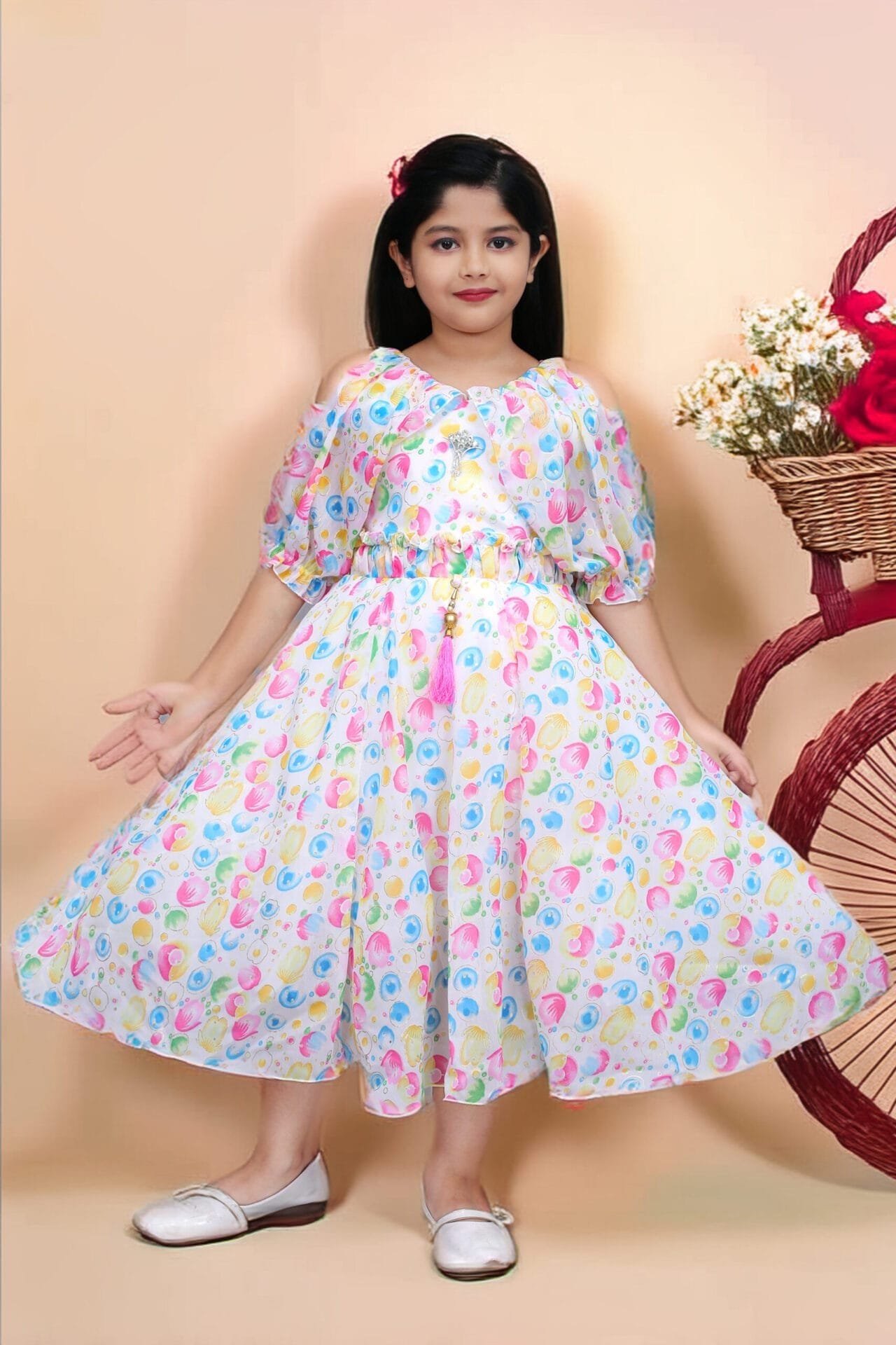 Girls Multicolor Long Chiffon Cloth Frock & Dress