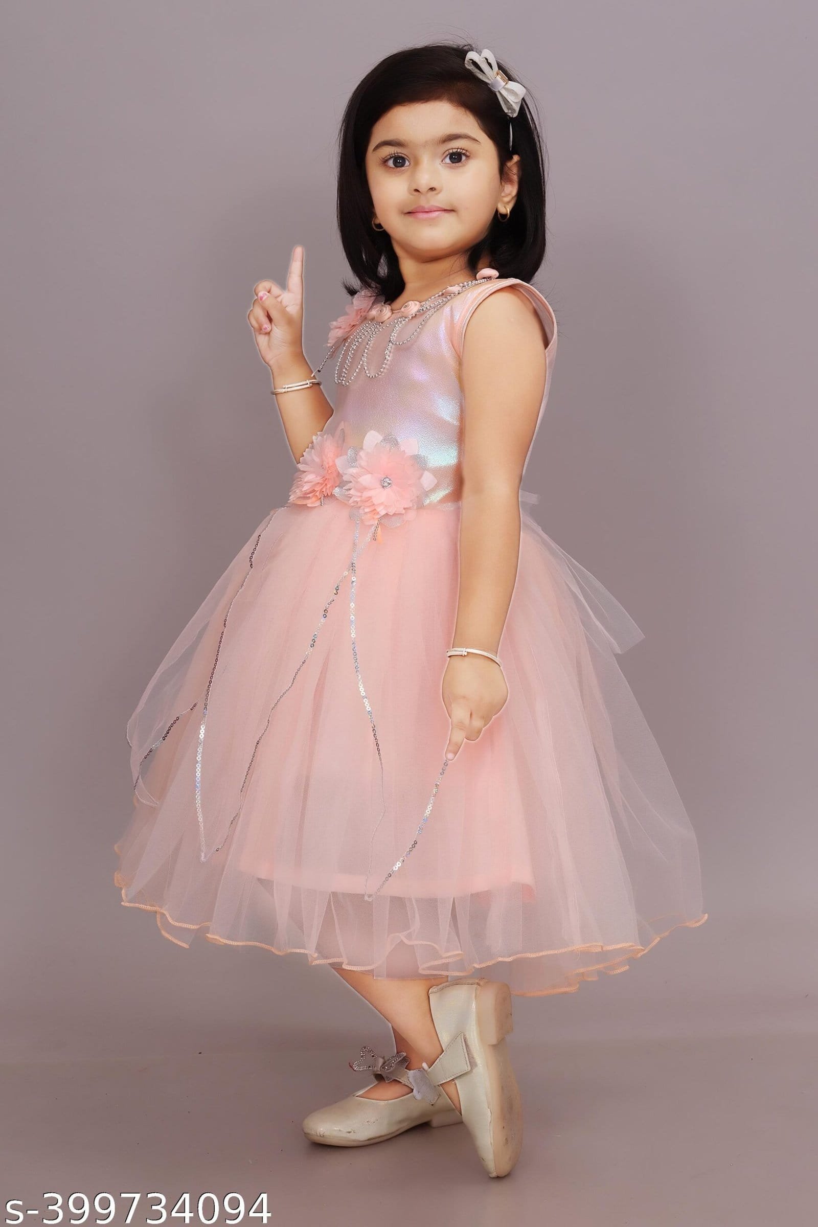 Girls Net Frock for Kids Dress Peach Color - Image 3