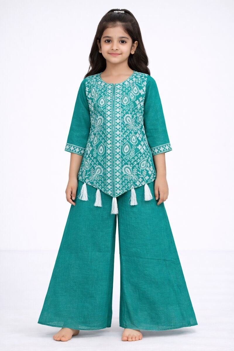 Girls kids Lehenga C Green color paint top set ambotary work | Shop X Now
