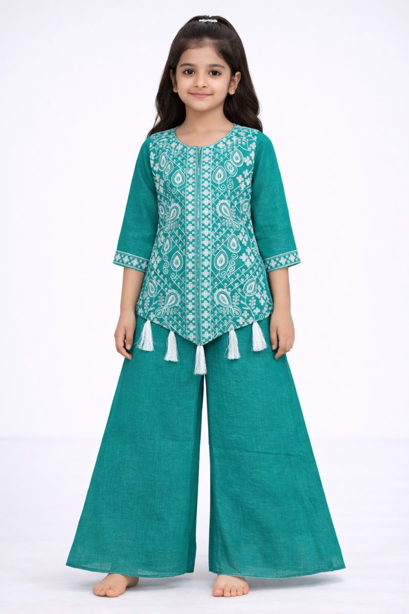 Girls kids Lehenga C Green color paint top set ambotary work