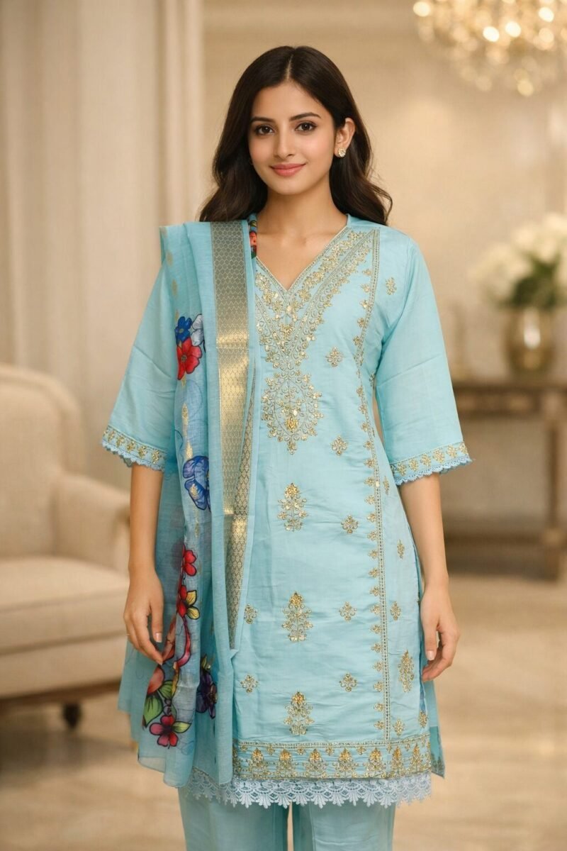 print Orna Churidar Ambotary work desgine Sky color - Image 3 | Shop X Now