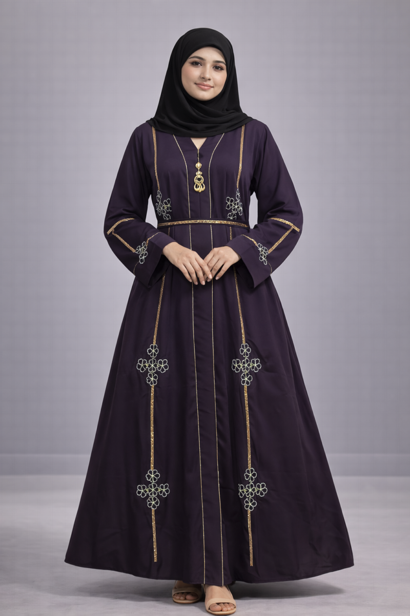 Elegant Women’s Black Abaya Dress – Modest Dubai Style Kaftan with Floral Embroidery, Open Front Kimono Robe for Prayer, Ramadan & Eid – Lightweight & Breathable Fabric