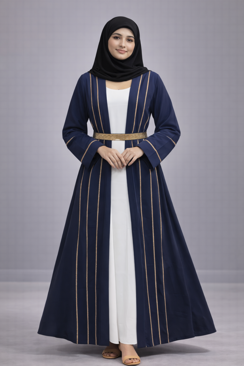 White Inner + Navi bloue Burqha Set full sleeve