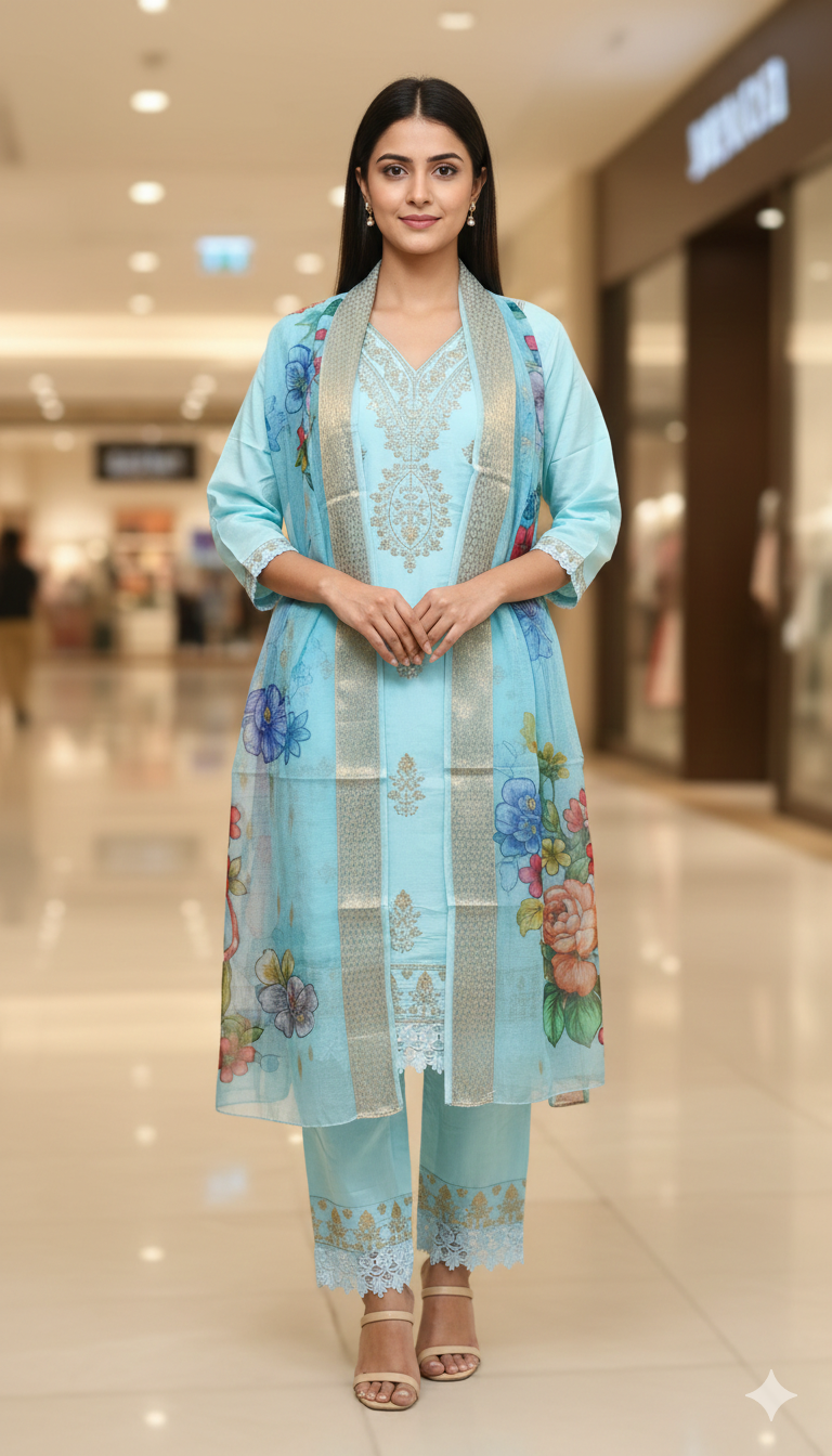print Orna Churidar Ambotary work desgine Sky color | Shop X Now