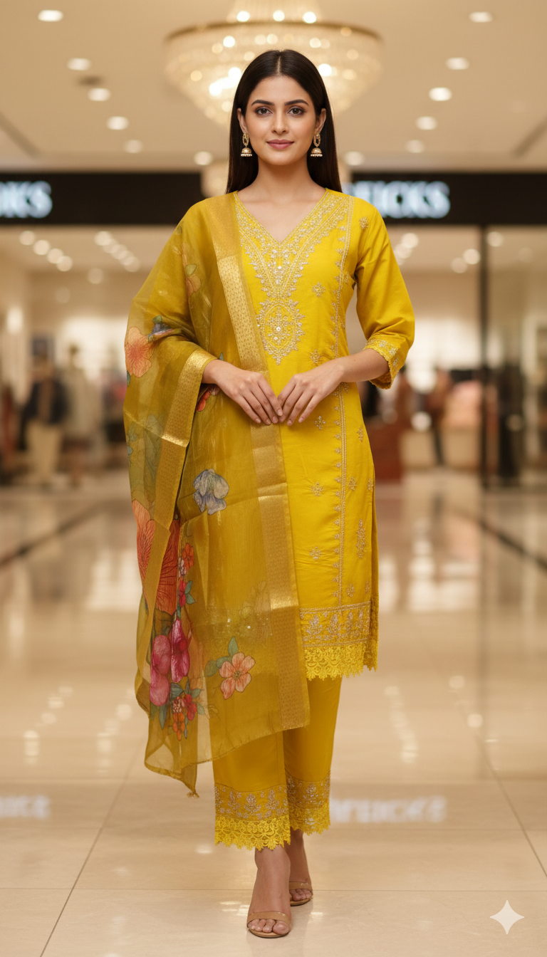 Alternative view of print Orna Churidar Ambotary work desgine Mahendi color | Shop X Now