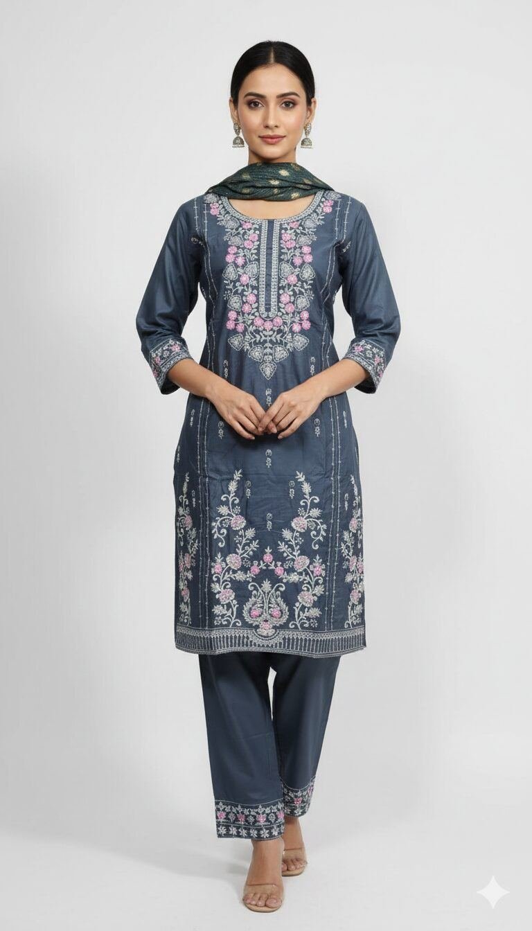 Alternative view of cotton ambotary work churidar Gray color | Shop X Now