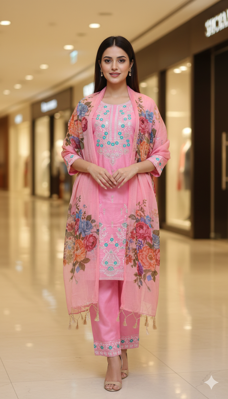print Orna Churidar Ambotary work desgine Pink color | Shop X Now