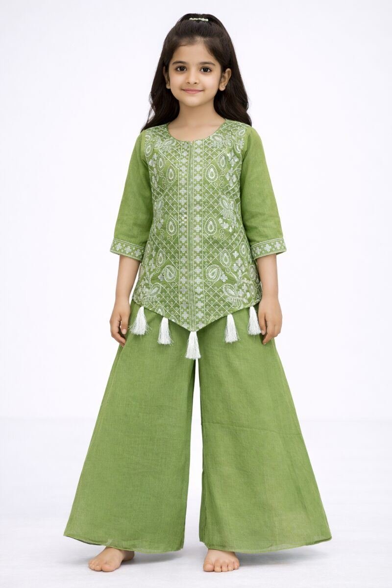 Girls kids Lehenga Green color paint top set ambotary work | Shop X Now