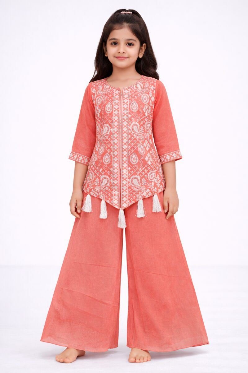 Girls kids Lehenga Peatch color paint top set ambotary work | Shop X Now