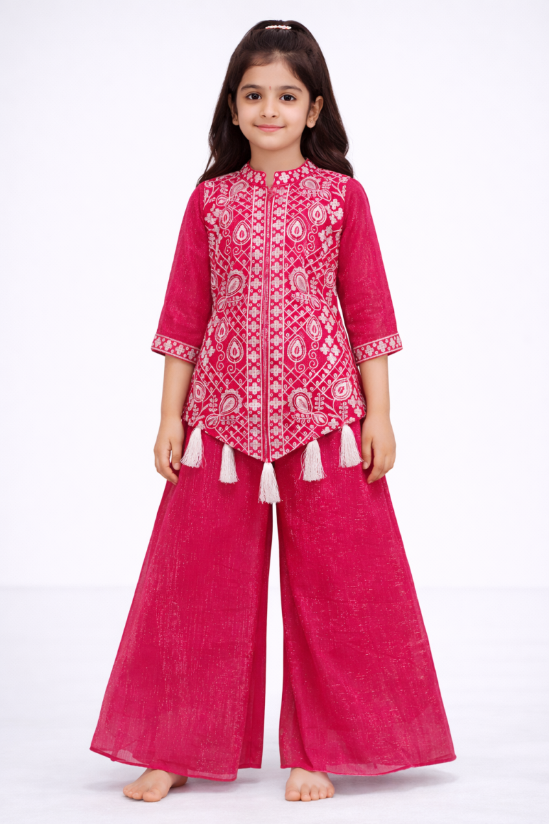 Girls kids Lehenga Rani color paint top set ambotary work