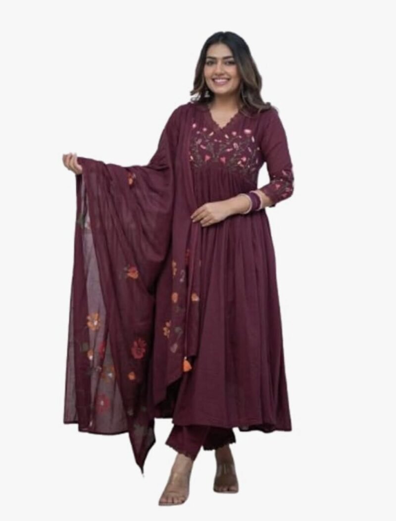 Women's Cotton Embroidered Long Anarkali Kurti With Pant and Dupatta Set - Image 3 | Shop X Now
