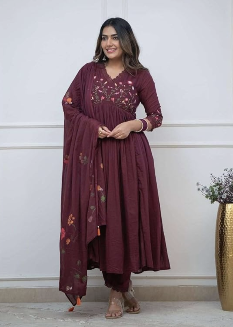Alternative view of Women's Cotton Embroidered Long Anarkali Kurti With Pant and Dupatta Set | Shop X Now
