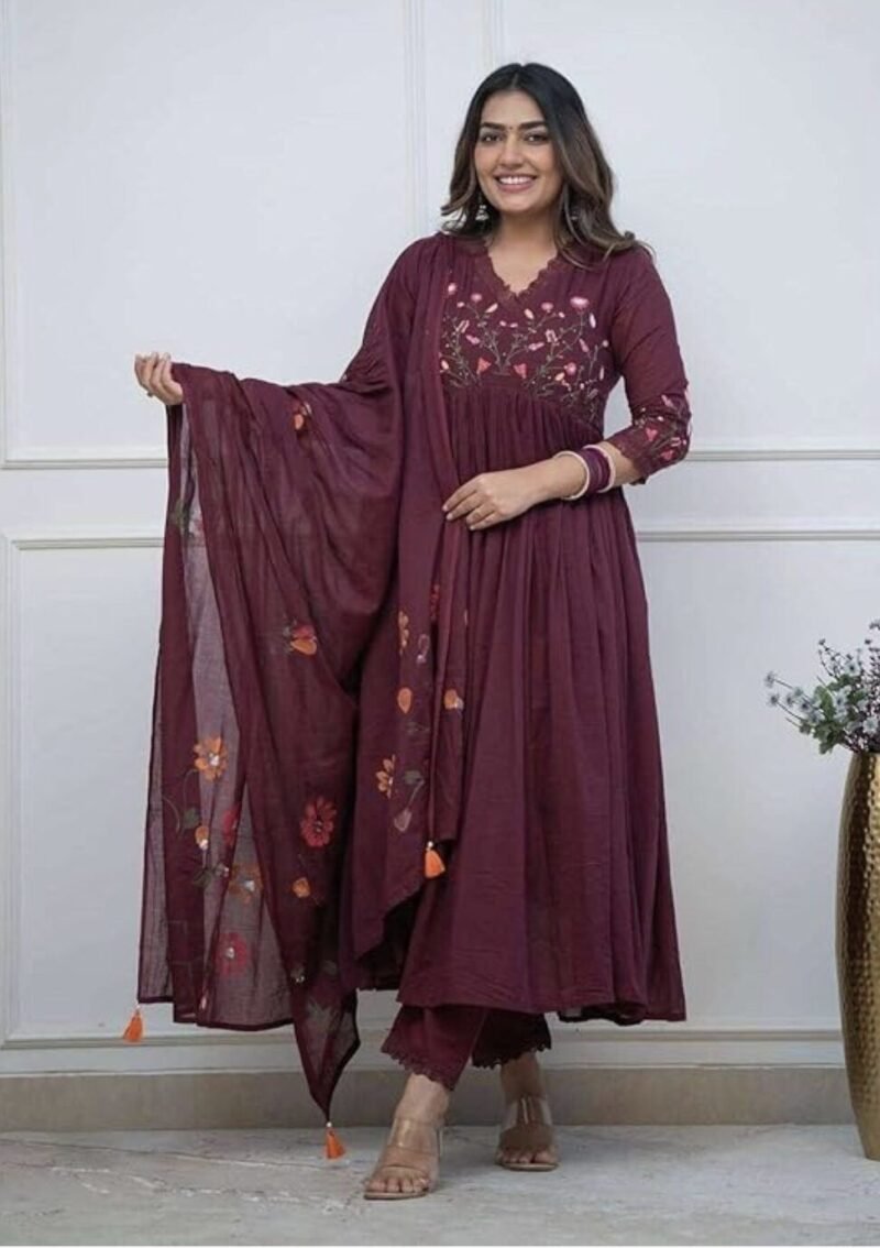 Women's Cotton Embroidered Long Anarkali Kurti With Pant and Dupatta Set Women's Cotton Embroidered Long Anarkali Kurti With Pant and Dupatta Set | Shop X Now